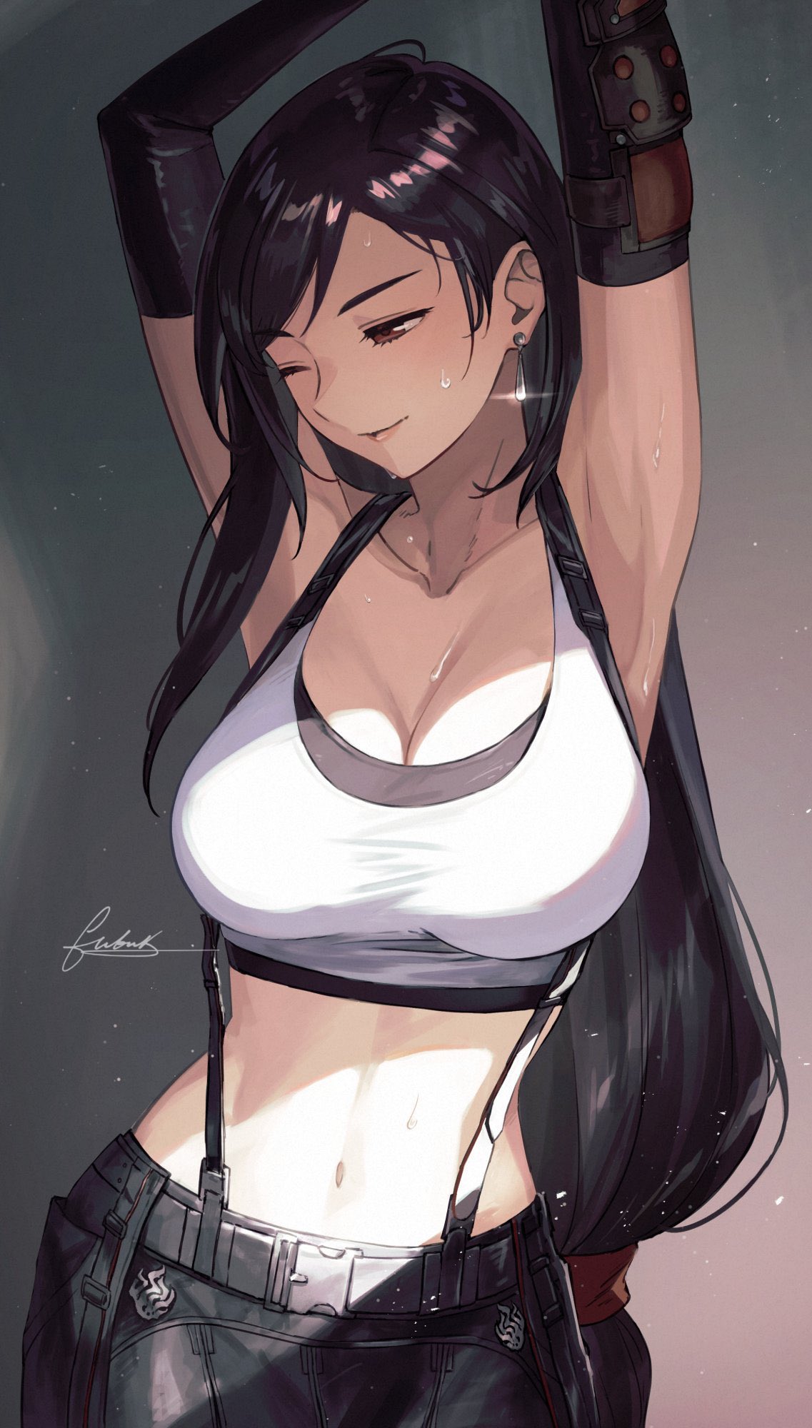 1girls, armpits, arms above head, arms up, big breasts, black hair, breasts, busty, female, female only, final fantasy, final fantasy vii, final fantasy vii remake, hi res, large breasts, long hair, midriff, navel, one eye closed, red eyes, skirt, smile, smooth skin, solo, sweat, tifa lockhart