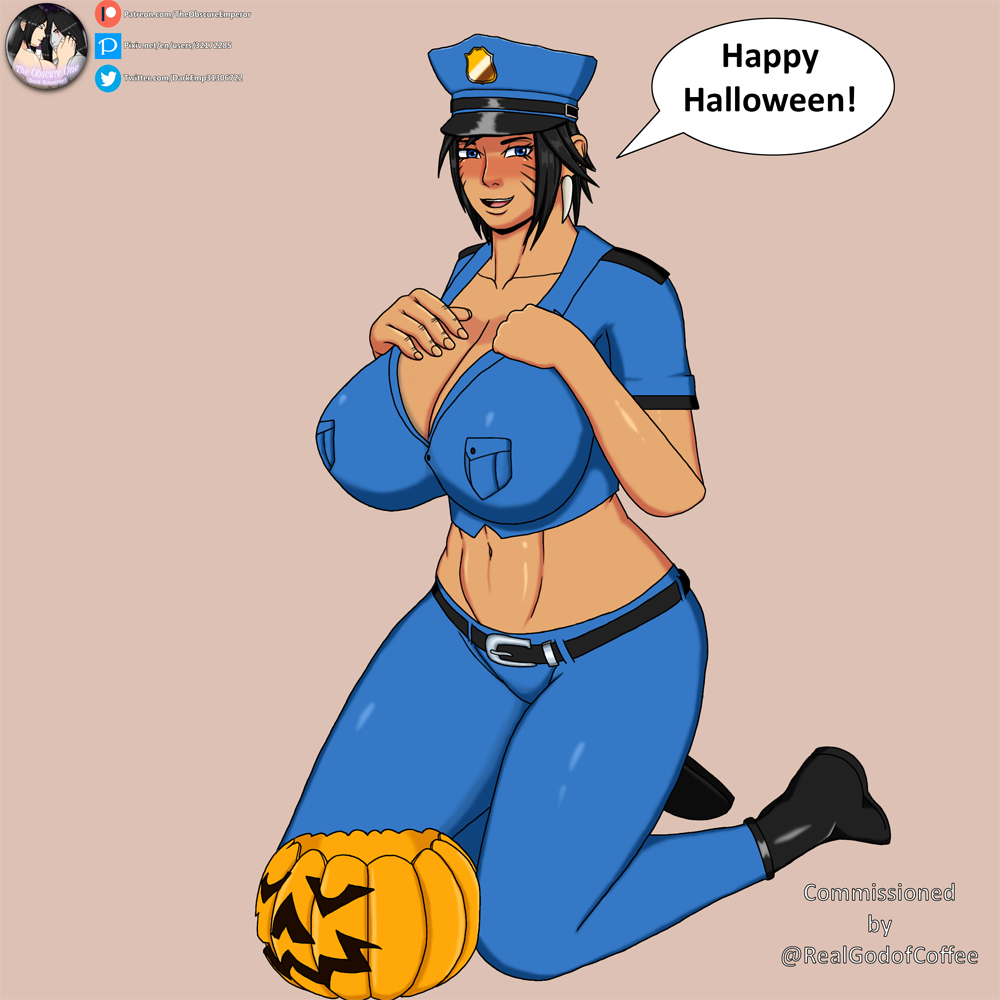 1girls awilix_(smite) belt black_hair blue_eyes blush boots breasts cleavage commission deity feline_fashion_awilix goddess halloween huge_breasts kneeling large_breasts mayan_mythology milf police_hat police_uniform policewoman pumpkin short_hair smite solo theobscureone thick_thighs wide_hips