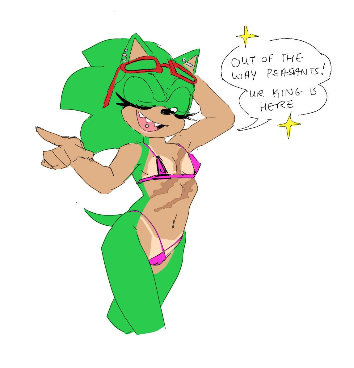 1girls anthro archie_comics arrow_hearted bikini dialogue facial_piercing furry gender_transformation genderswap_(mtf) rule_63 scar scourge_the_hedgehog sharp_teeth sonic_(series) sunglasses tan_body tongue_piercing