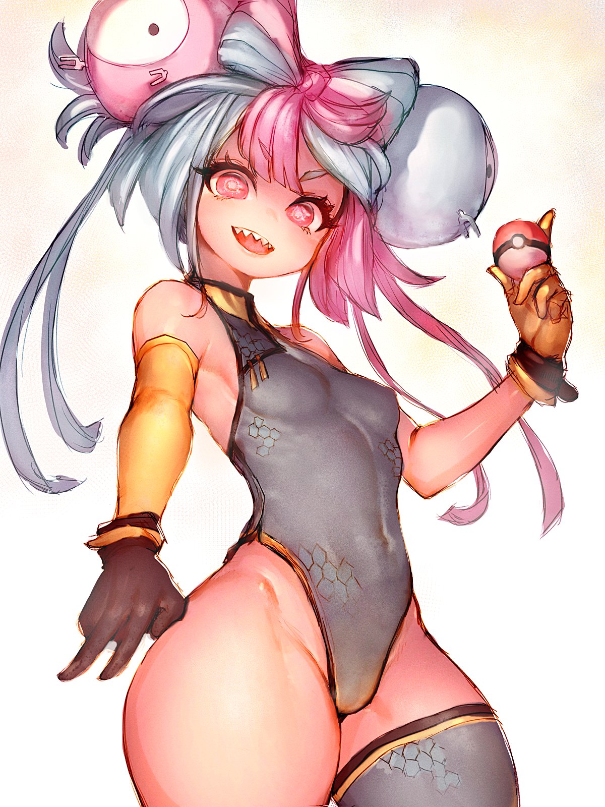 1girls, blue hair, breasts, female, fumio (rsqkr), game freak, gym leader, highleg leotard, iono (pokemon), leotard, low-angle view, nintendo, perky breasts, petite, petite body, pink eyes, pink hair, pointy teeth, pokemon, pokemon sv, sharp teeth, slim waist, small breasts, smile, thick thighs, thighs, two-tone hair, wide hips