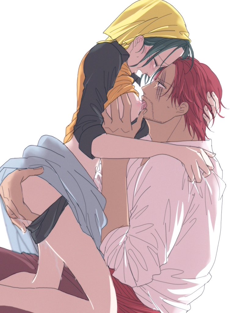 1boy 1girls bandana black_hair blush breast_grab breasts_out dark_green_hair facial_hair female fingering fingering_from_behind fingering_partner hand_on_another's_head kerchief kneeling licking looking_at_another makino male may_(pixiv) nipple_licking one_piece panties_down profile pussy_juice pussy_juice_drip red_hair shanks shirt_up sleeves_rolled_up stubble