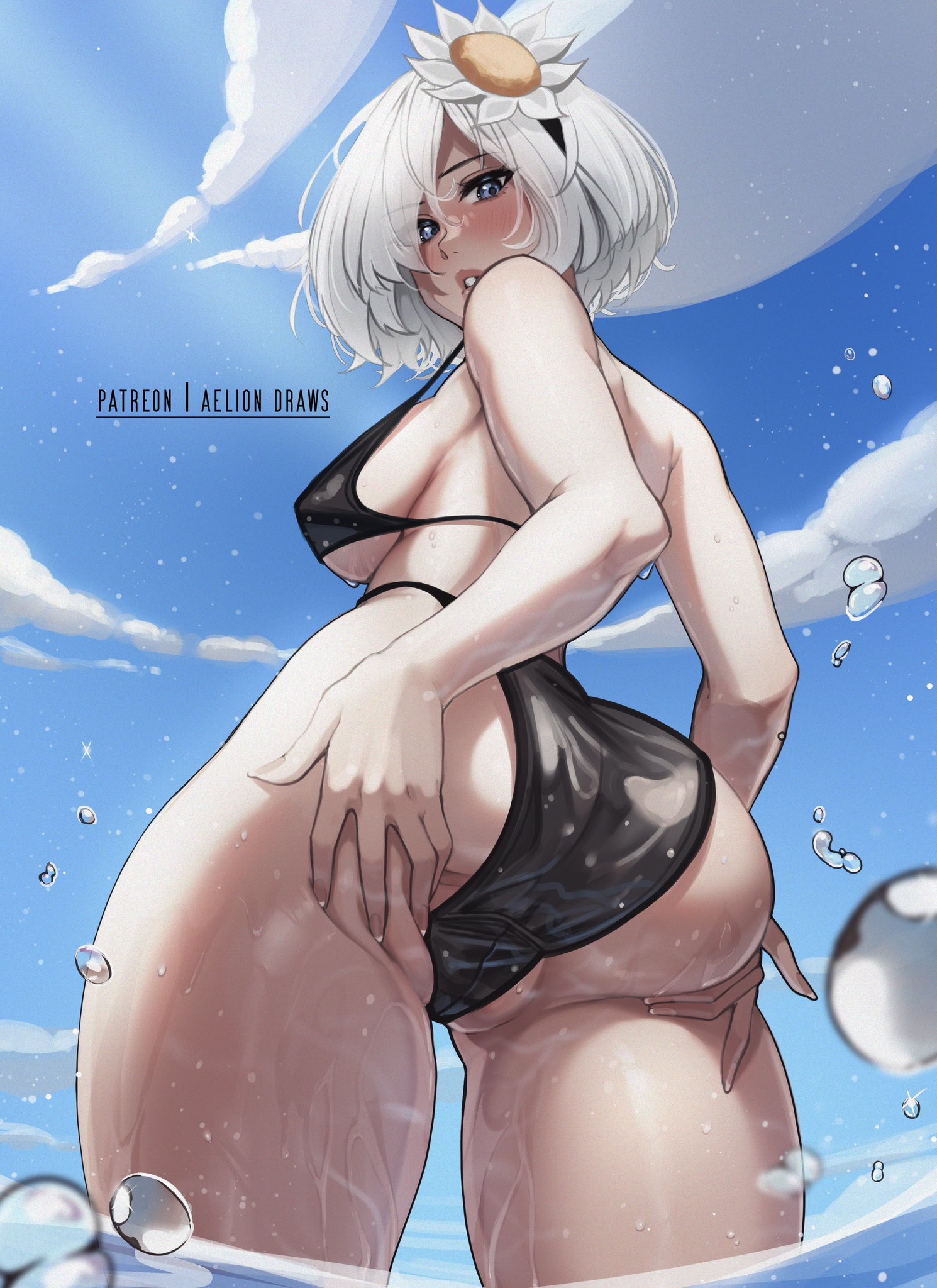 1girls, aelion draws, alternate version available, android, android girl, ass, bikini, breasts, female, hair over one eye, huge ass, huge breasts, large breasts, light skin, nier, nier: automata, outdoors, short hair, thick thighs, wet, white hair, yorha 2b