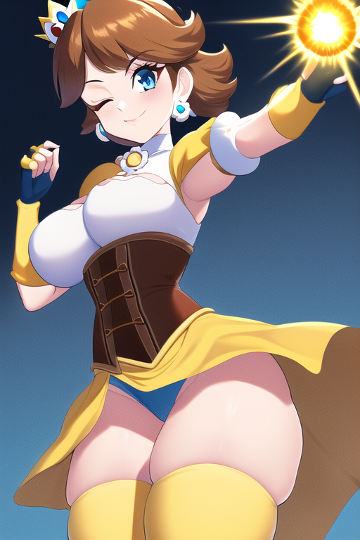 ai_generated blue_panties brown_eyes corset crown earrings fingerless_gloves highres mario_(series) medium_breasts nai_diffusion princess_daisy rubycks skirt_lift sun thighhighs wink winking_at_viewer yellow_skirt yellow_thighhighs