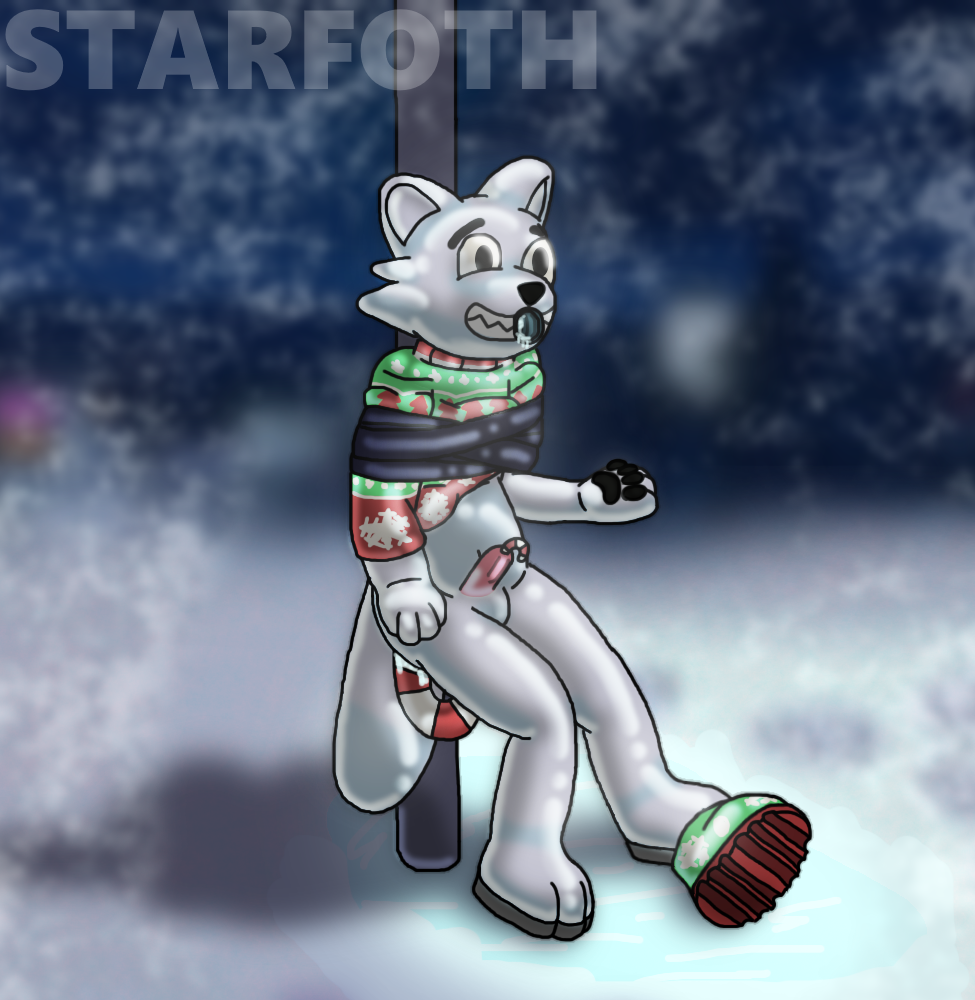 arctic_fox bondage boots bound candy candy_cane canid canine clothing dessert food footwear fox male_only mammal pole public rubber rubber_boots rubber_clothing rubber_suit slave snow snowing solo_male sounding_rod star_art_hd tape urethral