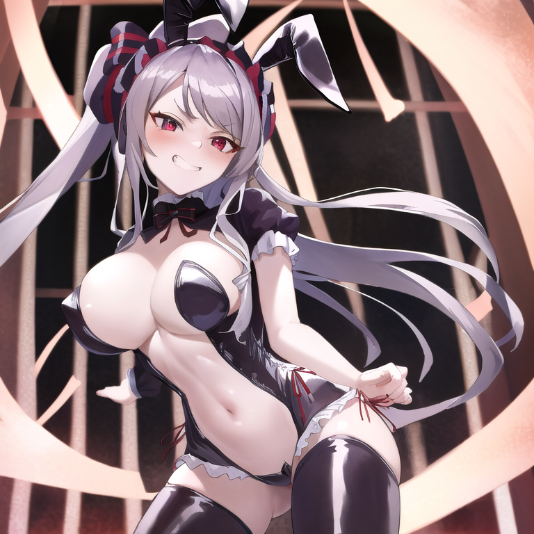 ai generated, big breasts, breasts, bunny ears, bunnysuit, female, female only, goth, grinning, light skin, light-skinned female, overlord (maruyama), pale skin, pale-skinned female, red eyes, shalltear bloodfallen, solo, solo female, teeth, teeth showing, thighhighs, white hair