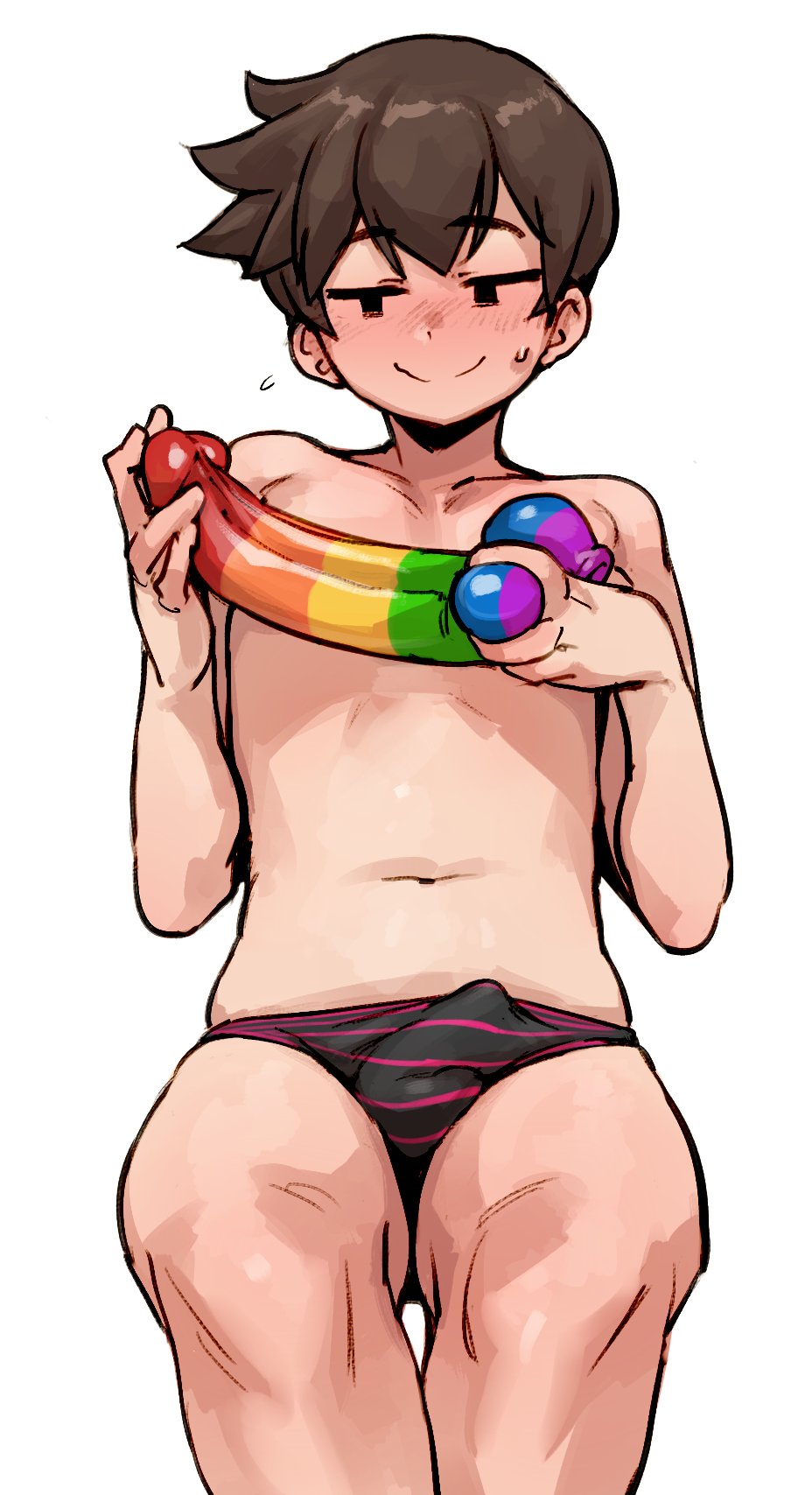 1boy bashful blush cri_(lonely_cri) dildo doppel ear_blush embarrassed femboy highres imminent_anal imminent_masturbation male_focus male_only mob_face nervous nervous_face nervous_smile nervous_sweat original otoko_no_ko rainbow_dildo sex_toy shy simple_background solo solo_male sweat white_background