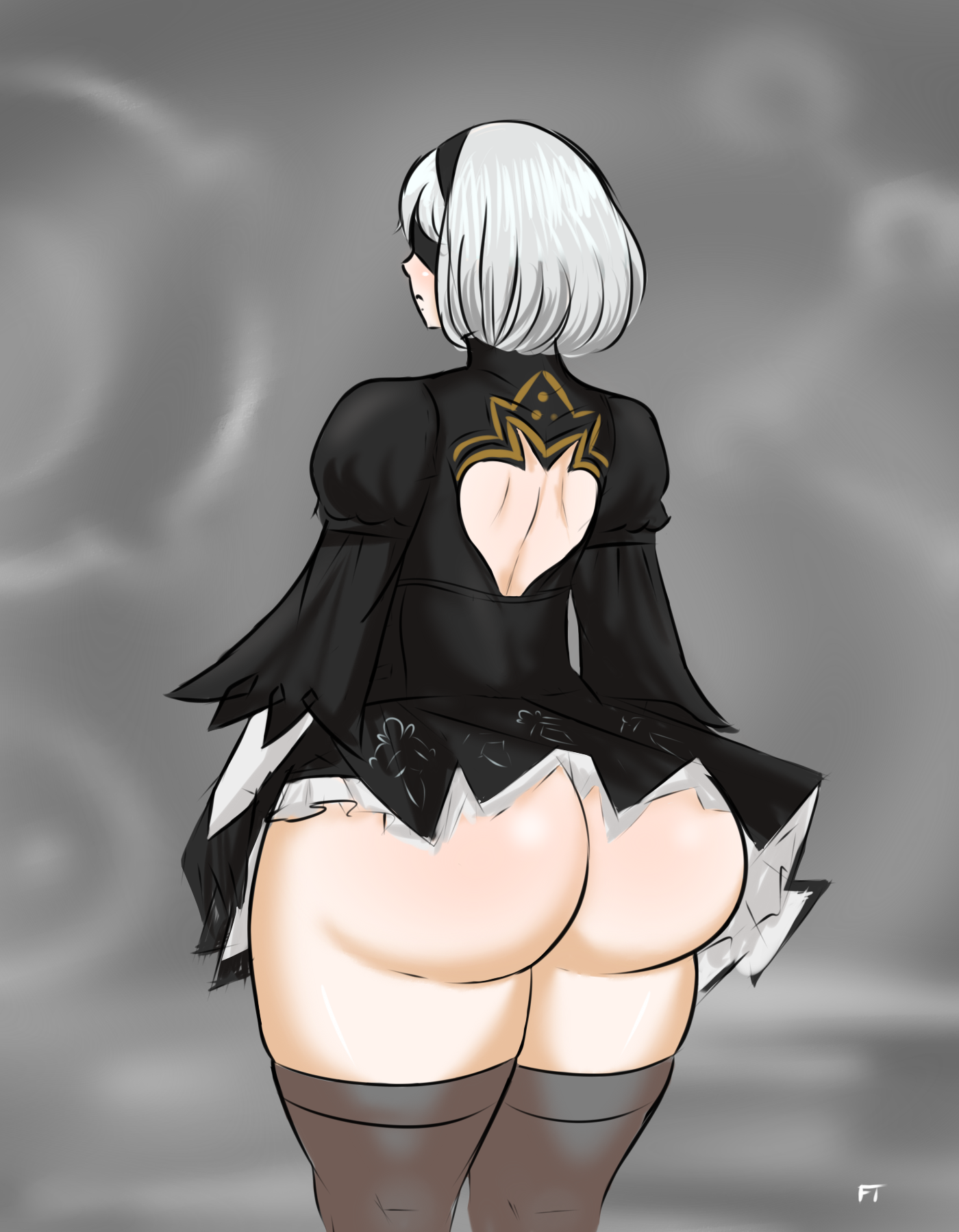 1girls, ass, big ass, big butt, blindfold, clothing, female, female only, franktonius, hairband, huge ass, light skin, light-skinned female, nier, nier (series), nier: automata, rear view, short hair, solo, standing, thick thighs, thighhighs, white hair, yorha 2b