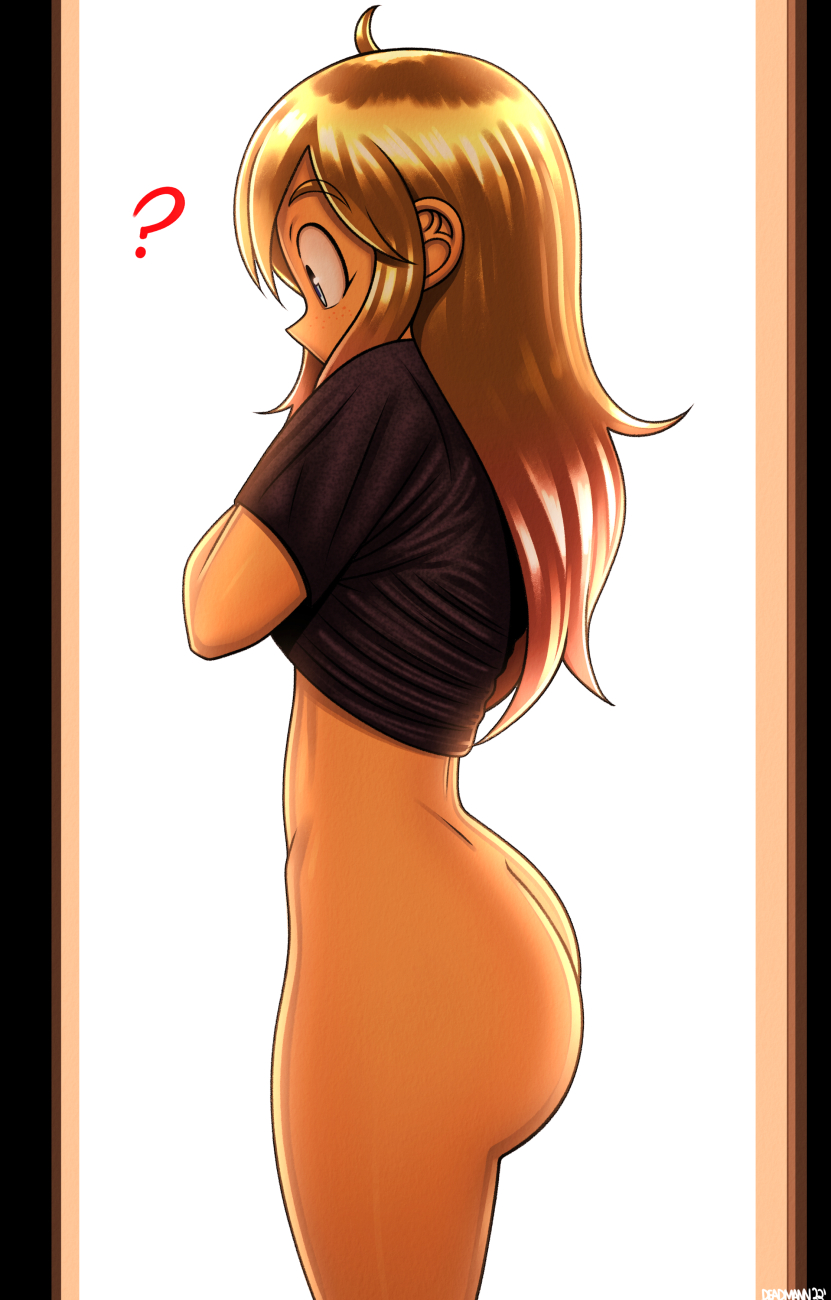 1girls ? ass big_ass black_shirt blue_eyes bottomless brown_hair deadmannart freckles long_hair original_character shirt