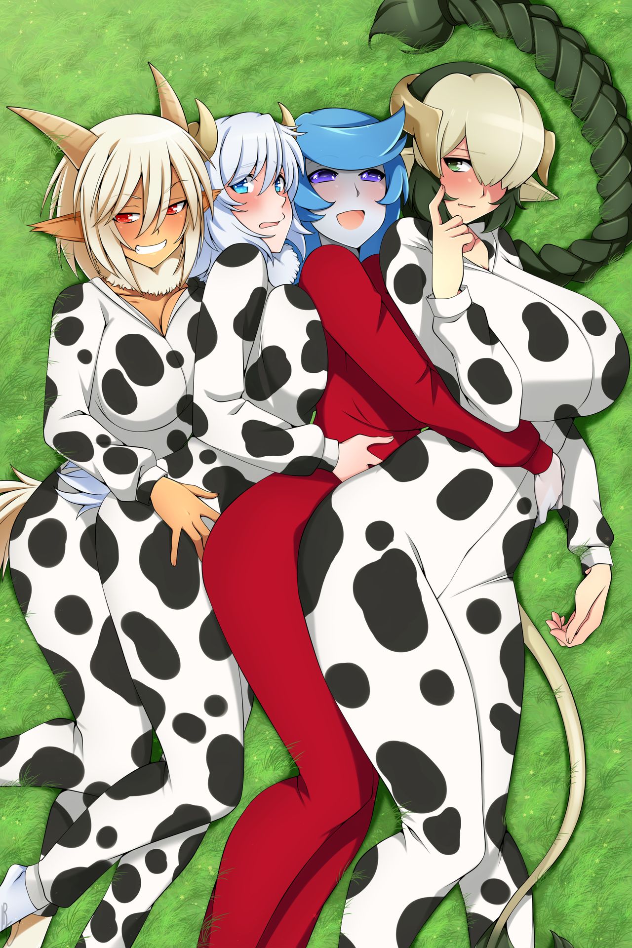 4girls animal_legs character_request cow_print female female_only freesia_(monster_musume) fully_clothed lindaroze monster_girl monster_musume_no_iru_nichijou multiple_girls pajamas saane_(monster_musume) urt_(monster_musume)