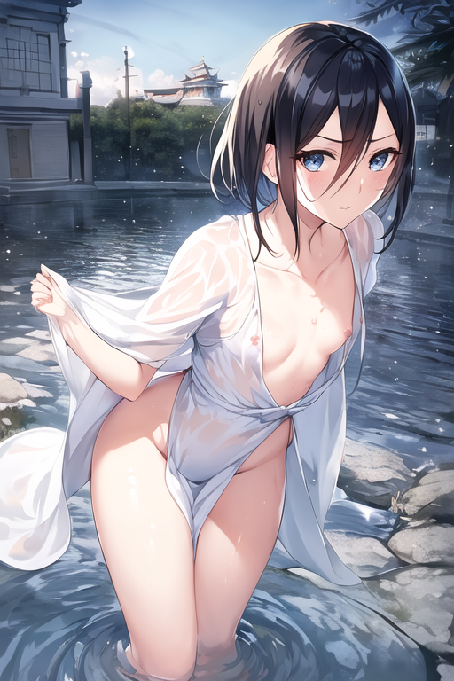 1girls ai_generated bangs bathing black_hair bleach blue_eyes blush breasts breasts_out_of_clothes clavicle day female female hair_between_eyes judgenaegi kuchiki_rukia looking_at_viewer nipples non-web_source nopan onsen open_clothes open_robe outdoors partially_submerged ripples see-through sky small_breasts solo wading water wet wet_clothes