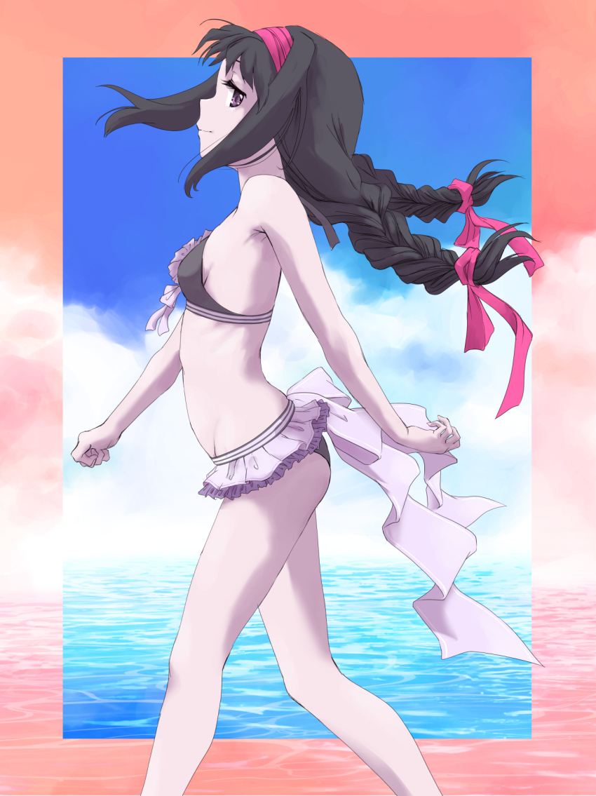 1girls akemi_homura arched_back bare_arms bare_legs bikini bikini_skirt black_bikini black_hair blue_sky braid breasts closed_mouth cloud female female_only floating_hair frilled_skirt frills from_side groin hair_ribbon hairband highres human human_only long_hair mahou_shoujo_madoka_magica marutaya microskirt ocean profile puella_magi_madoka_magica purple_eyes red_hairband red_ribbon ribbon side_view sideboob skirt sky small_breasts solo solo_female solo_focus swimsuit twin_braids twintails white_skirt young