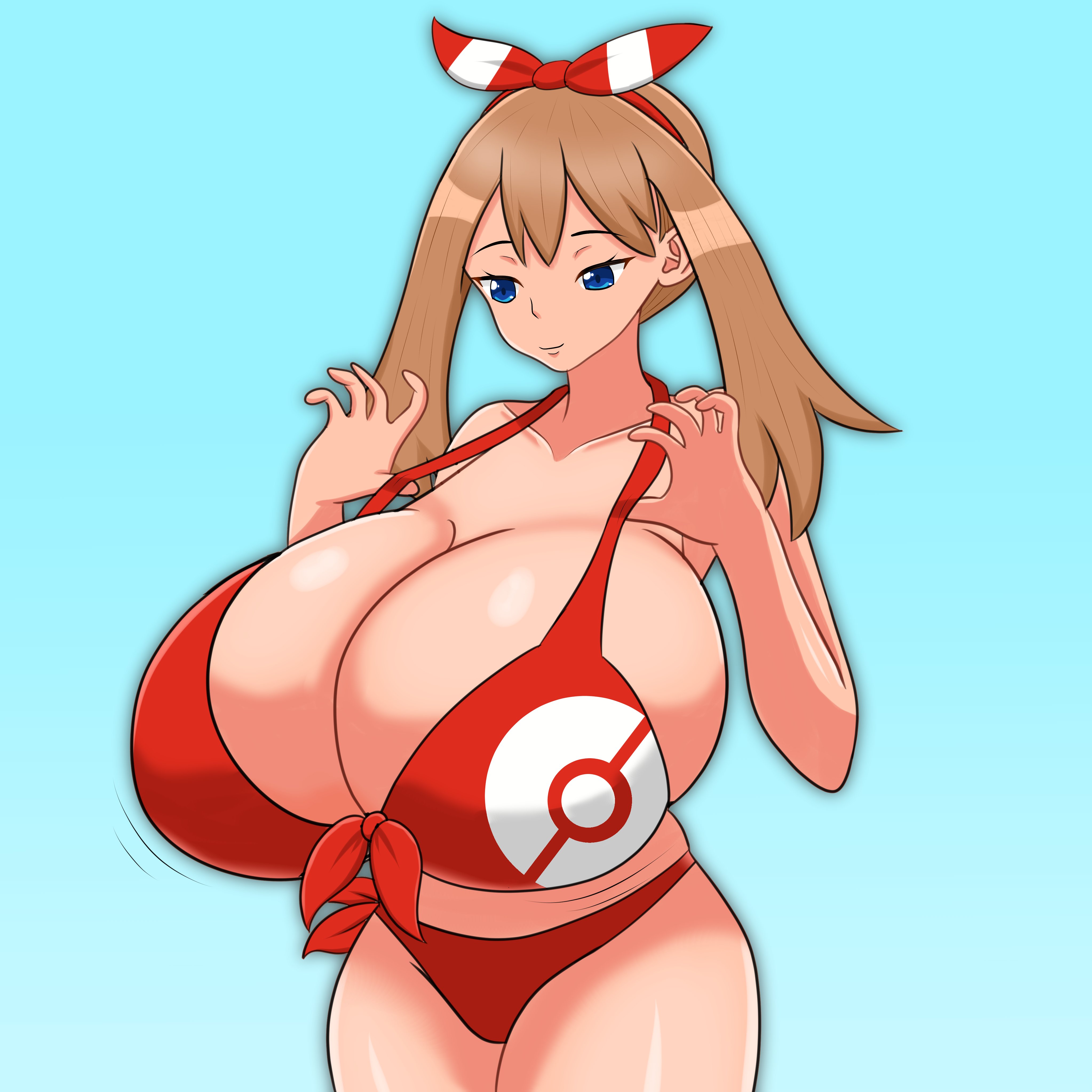 alternate breast size, big breasts, bikini, bikini pull, blue eyes, breasts, breasts bigger than head, breasts bigger than torso, brown hair, cleavage, cleavage overflow, female, female only, gigantic breasts, huge breasts, human, massive breasts, may (pokemon oras), may (pokemon), pokemon, pokemon oras, solo, solo female, thighs, top heavy