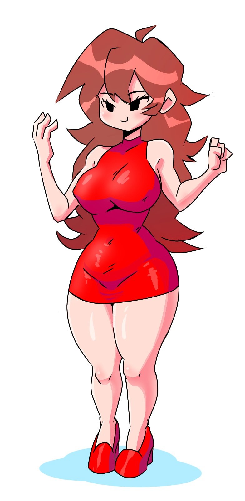 ass, black eyes, breasts, brown hair, dress, female, friday night funkin, girlfriend (friday night funkin), high heels, large ass, large breasts, long hair, nipple bulge, quavernsfw, red dress, smile, tagme, wide hips