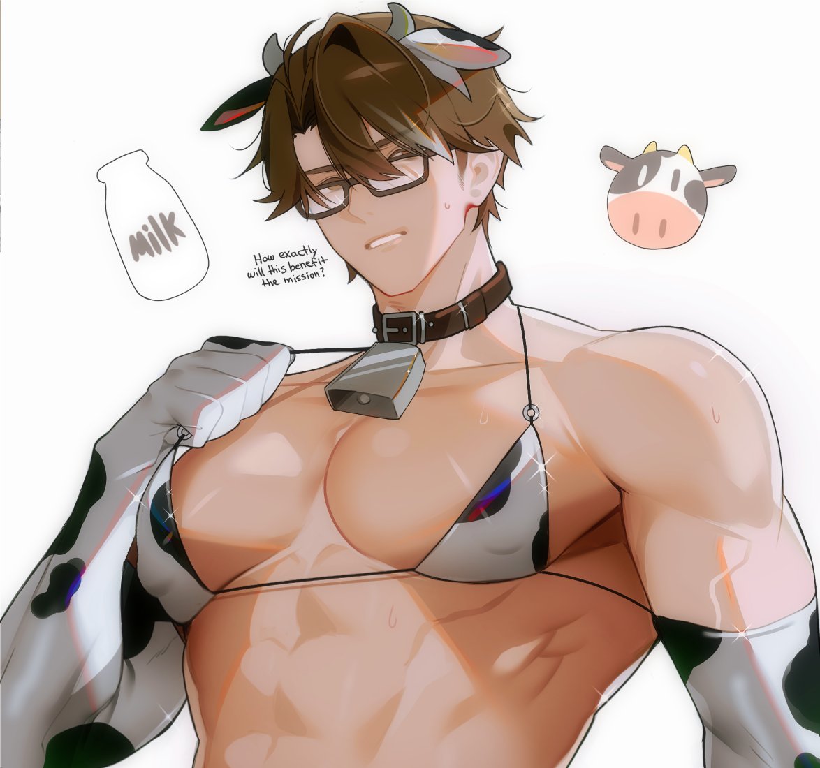 1boy abs bara cow_bikini cow_ears cow_horns cow_print_armwear cow_print_bikini cowbell gay glasses honkai:_star_rail honkai_(series) maemoooo male male_only man_boobs man_tits muscular muscular_male nipple_bulge questioning solo solo_male welt_yang_(honkai:_star_rail) yaoi