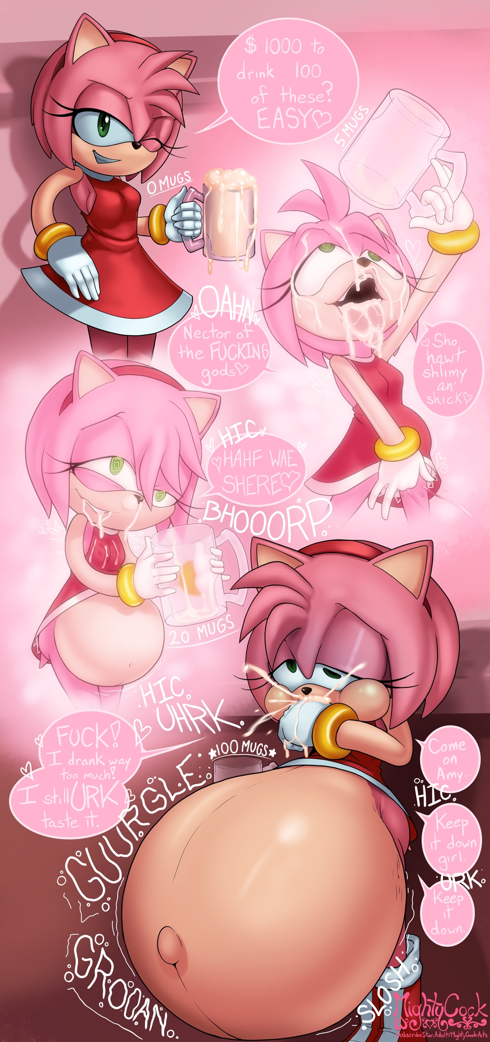 1girls amy_rose anthro belly big_belly bodily_fluids breasts clothing cum cum_burp cum_drinking cum_drunk cum_in_mouth cum_inflation cum_inside cum_vomit dialogue drinking drinking_cum drunk eulipotyphlan female female_only genital_fluids gokkun green_eyes hair hedgehog hi_res inflation mammal mightycock mug navel pink_hair rumbling_stomach sega signature solo sonic_(series) sonic_the_hedgehog_(series) speech_bubble standing stuffing substance_intoxication text