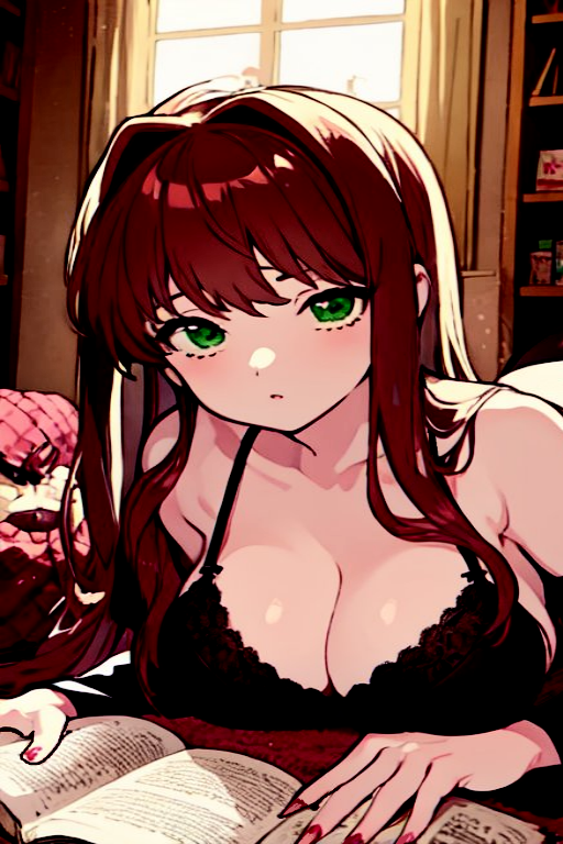 ai_generated bedroom book bra breasts coral_brown_hair doki_doki_literature_club emerald_eyes female female_only green_eyes laying_on_stomach monika_(doki_doki_literature_club) nail_polish on_the_floor pixai solo solo_female