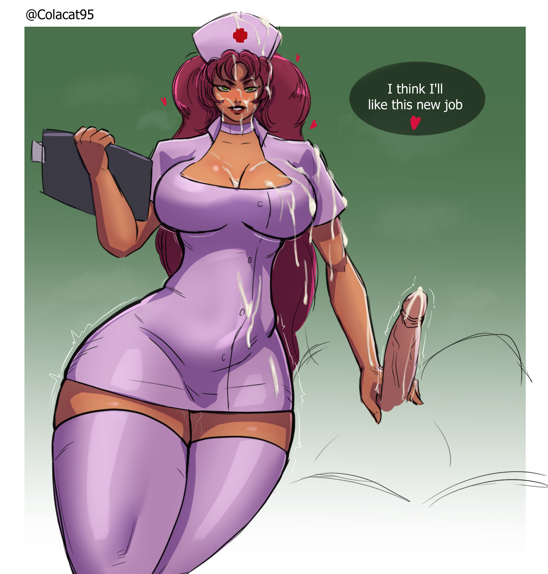 1boy, 1girls, alien humanoid, big breasts, big hair, breasts, cleavage, colacat95, cum, cum drip, cum on body, cum on breasts, cum on face, cumshot, dc, dc comics, female, green eyes, hand on penis, handjob, koriand'r, male, nurse, nurse uniform, partial male, penis, red hair, smiling, starfire, starfire (comics), teen titans, thick, thick thighs, wide hips