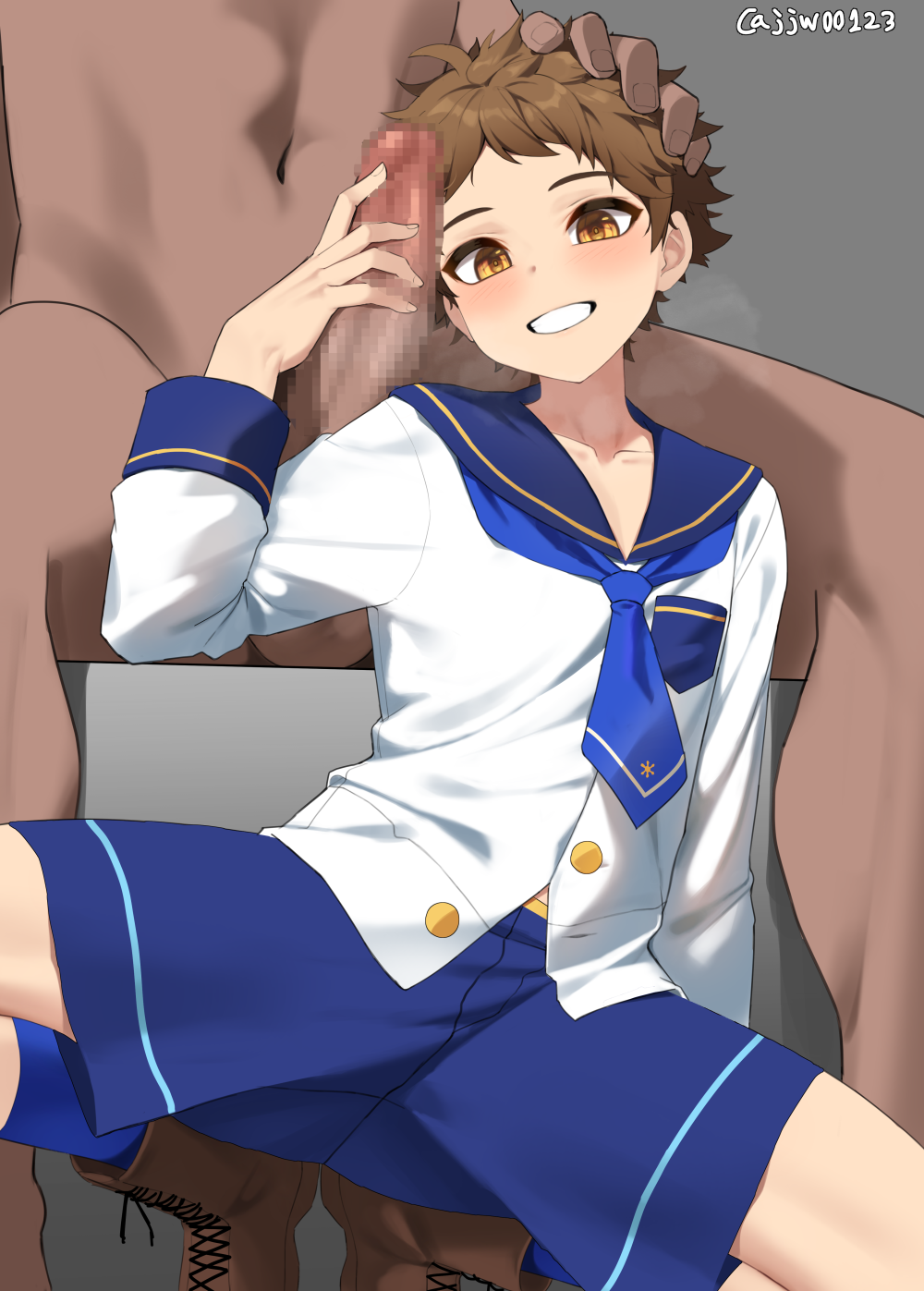 2boys blue_neckerchief blue_shorts blue_socks blush boots breast_pocket brown_eyes brown_footwear brown_hair buttons censored collarbone commentary_request cute_male ensemble_stars! g1_(artist) grey_background grin hand_up highres jjw1029 long_sleeves male_focus mosaic_censoring multiple_boys neckerchief penis pocket shirt short_hair shorts sitting smile socks spread_legs squatting teeth tenma_mitsuru white_shirt