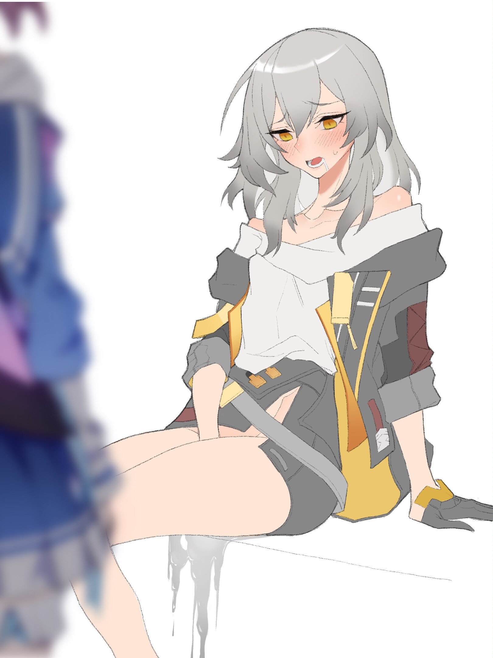 2girls, bottomless, caught in the act, caught masturbating, female, female masturbation, grey hair, honkai: star rail, jacket, march 7th (honkai: star rail), masturbation, mihoyo, multiple females, multiple girls, pussy, pussy juice, pussy juice drip, pussy juice puddle, pussy juice trail, shuibaow, stelle (honkai: star rail), sweat, sweatdrop, wohaimeiyou, yellow eyes