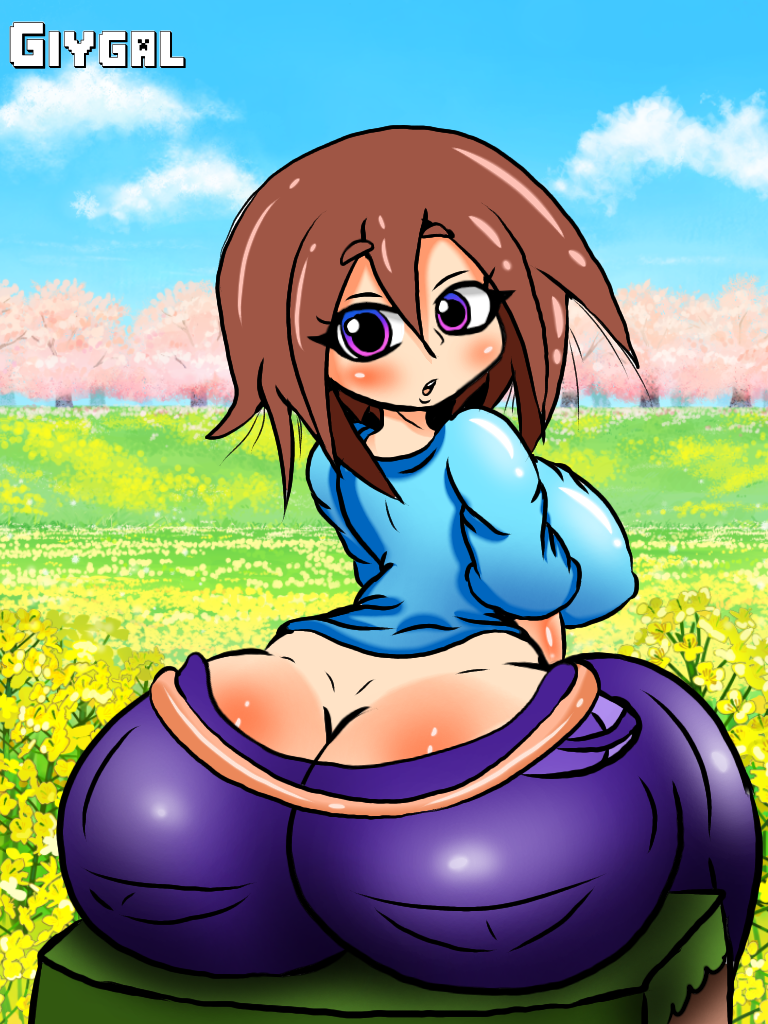 ass ass_cleavage big_ass big_breasts blue_eyes boobs breasts brown_hair butt butt_crack clothed clothing dr.bug giygal grass_block huge_ass looking_at_viewer looking_back minecraft stella_(femsteve)