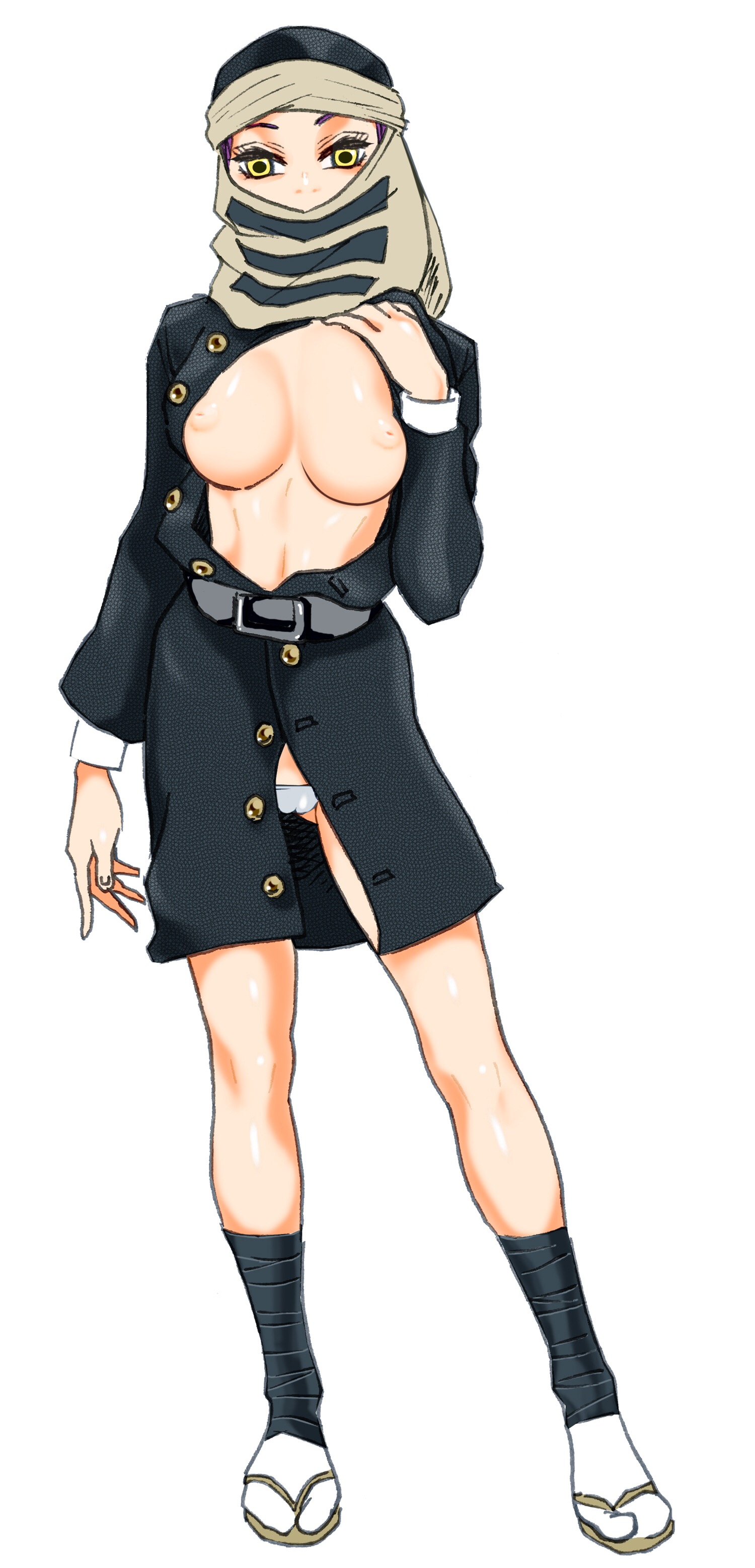 breasts, breasts out, demon slayer, female, kakushi (kimetsu no yaiba), kimetsu no yaiba, nipples, nude, nude female, purple hair, yellow eyes
