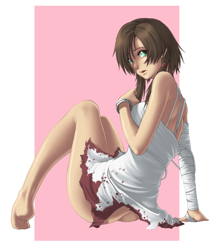 ass bandage barefoot bloody_clothes bracelet brown_hair capcom dark-skinned_female dark_skin deep_rising dress female female_only green_eyes human manuela_hidalgo parted_lips resident_evil resident_evil:_the_darkside_chronicles solo torn_clothes torn_dress