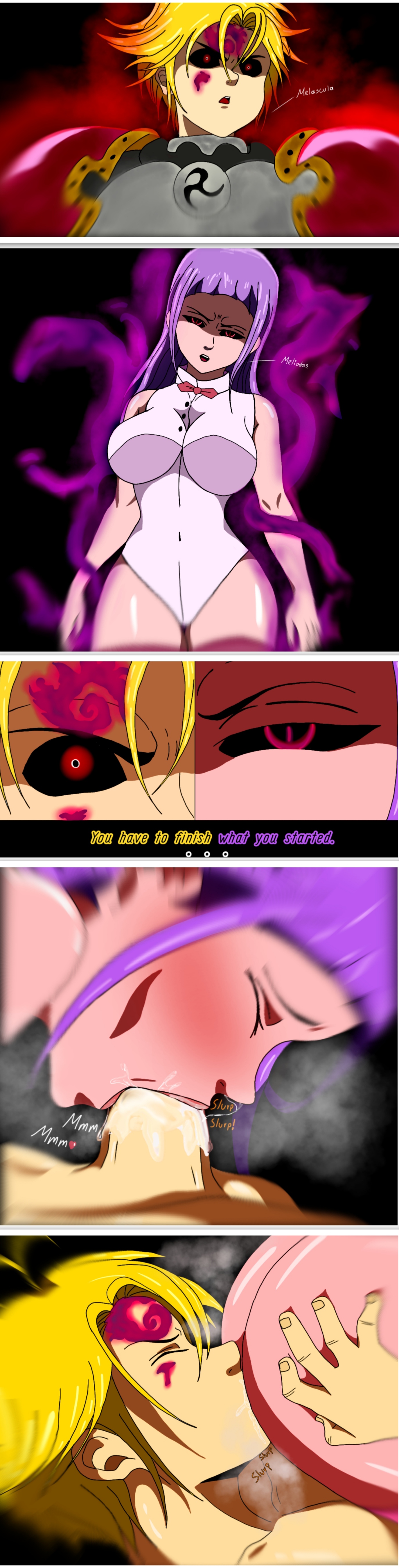 1boy, 1girls, 69, 69 position, artist request, blowjob, blush, cum in mouth, cum in throat, deep blowjob, deepthroat, demon, demon girl, female, gag, gagging, licking anus, licking ass, licking pussy, male, oral, purple hair, pussy, saliva, sucking, tagme, tagme (artist)