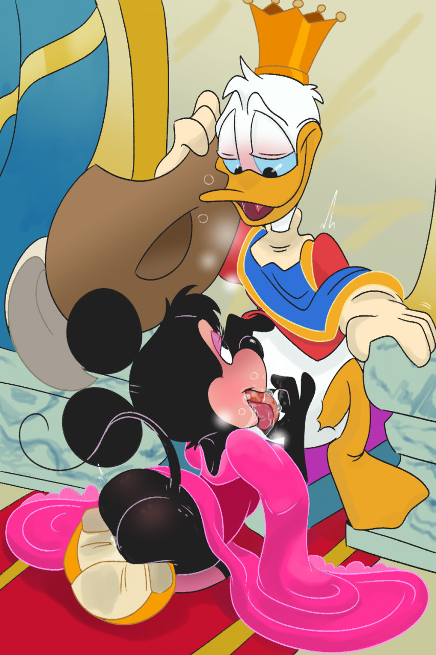 anthro ass blowjob blush crown disney donald_duck duck_bill furry gloves kneeling kneeling_blowjob mickey,_donald,_goofy:_the_three_musketeers_(2004) minnie_mouse mouse_ears mouse_tail necro_opolis shoes