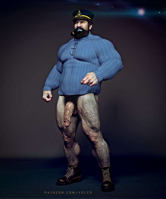 3d 3d_(artwork) balls beard big_penis black_hair captain_haddock chest_hair facial_hair hairy hat male male_only pantsless penis pipe sailor_hat solo solo_male sweater sweater_only the_adventures_of_tintin yolco