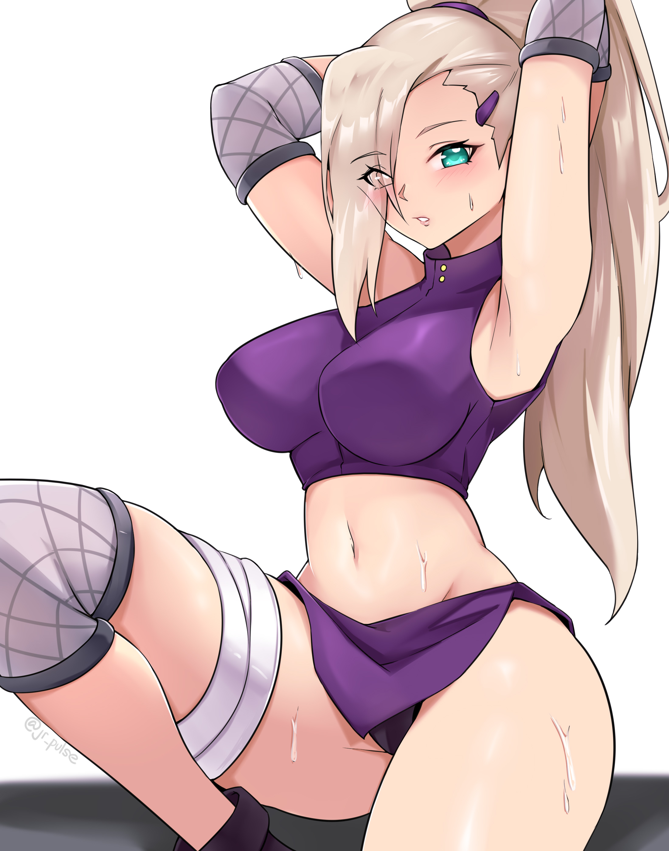 1girls, adjusting hair, aqua eyes, armpits, arms behind head, big breasts, blonde hair, blonde-haired female, blue eyes, breasts, busty, cameltoe, crop top, elbow pads, eyes visible through hair, female, female only, ino yamanaka, jrpuls3, knee pads, large breasts, light blue eyes, midriff, naruto, naruto (series), naruto shippuden, navel, panties, ponytail, pose, posing, pussy, sexy armpits, sitting, skirt, sleeveless, sleeveless shirt, solo, solo focus, spread legs, sweat, sweatdrop, thick thighs, tied hair, tying hair, underwear, very long hair, white background