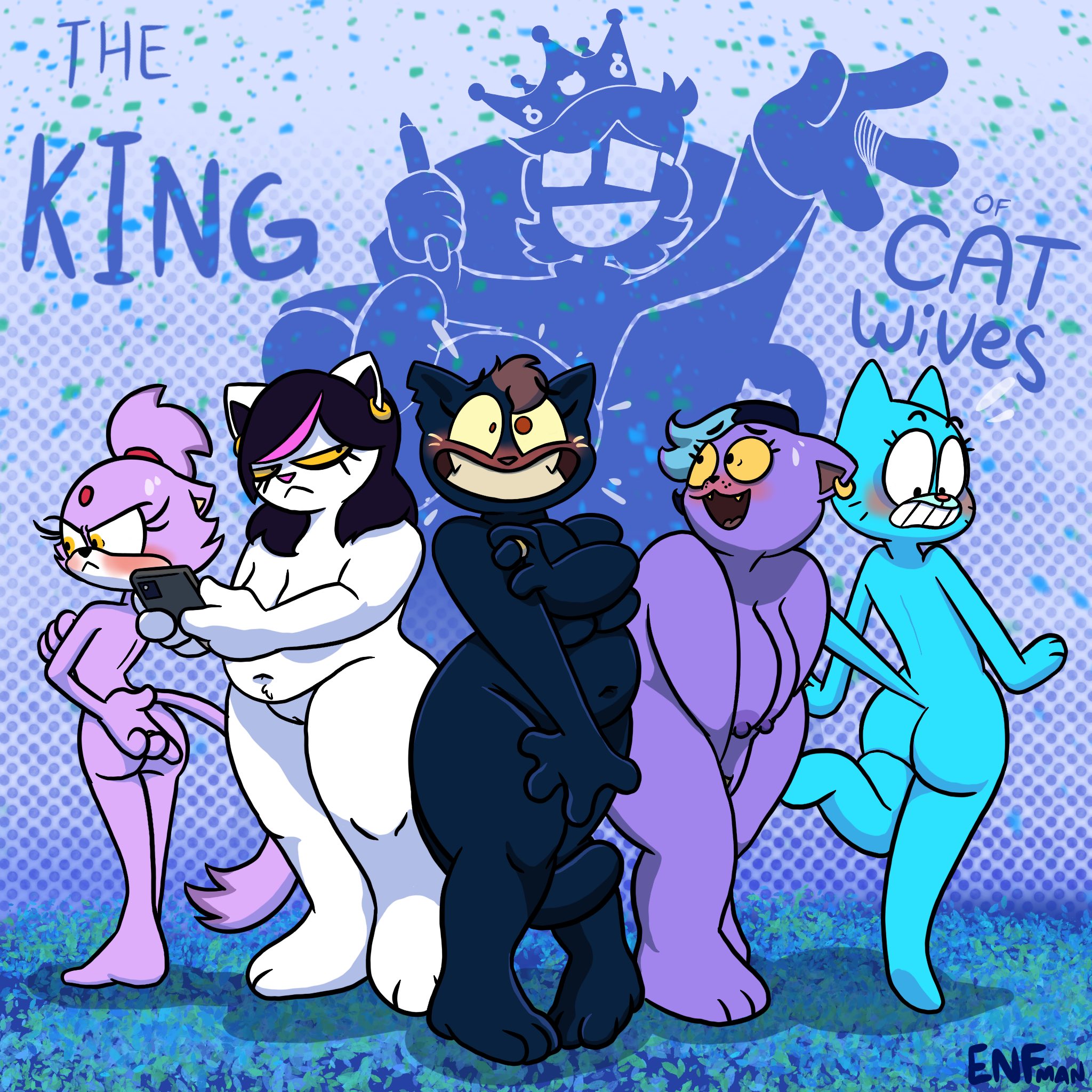 anthro, ass, black body, black fur, blaze the cat, blue body, blue fur, breasts, cat, catti (deltarune), catty (undertale), covering breasts, covering crotch, covering self, deltarune, earring, embarrassed, felid, feline, female, female anthro, mae (nitw), mae borowski, nicole watterson, night in the woods, nude, overweight, pink body, pink fur, purple body, purple fur, pussy, sonic (series), the amazing world of gumball, theenfman, undertale, undertale (series), white body, white fur