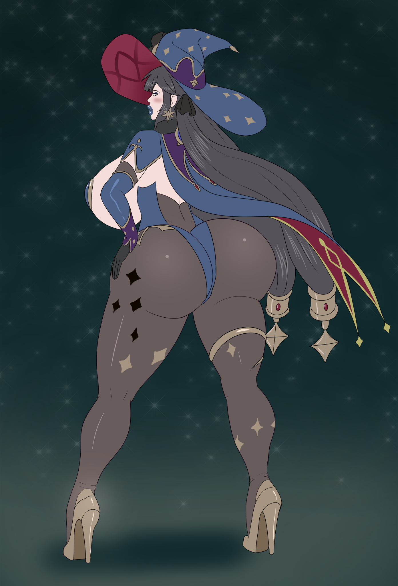 1girls, annon, ass, ass focus, bare breasts, big ass, big breasts, big butt, big lips, bimbo, bimbo lips, black hair, breasts, bubble ass, bubble butt, fat ass, female, female focus, female only, fully clothed, genshin impact, heels, high heels, huge ass, huge breasts, huge butt, huge lips, massive ass, mona (genshin impact), pasties, round ass, solo, thick ass, thick lips, thick thighs, tight clothing, tights, wide hips, witch hat