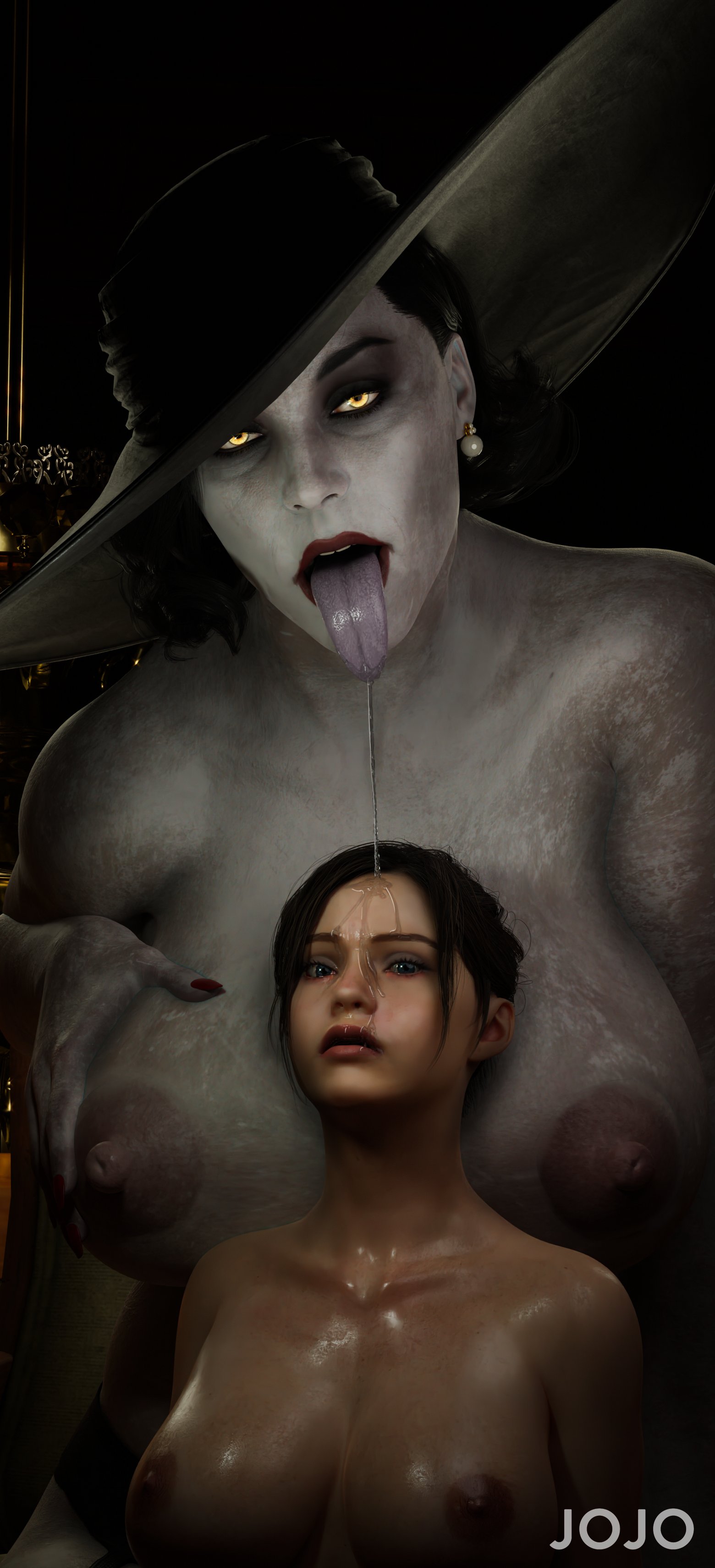 2girls, 3d, ahe gao, alcina dimitrescu, areolae, big breasts, black hair, blue eyes, breasts, brown hair, busty, capcom, claire redfield, claire redfield (jordan mcewen), drool, drool on face, drool string, drooling, female, female focus, female only, hat, huge areolae, huge breasts, huge nipples, jojo 3dart, large breasts, larger female, light skin, light-skinned female, long hair, makeup, mature female, milf, nipples, nude, nude female, nudity, oral, pale skin, pale-skinned female, ponytail, resident evil, resident evil 2, resident evil 2 remake, resident evil 8: village, saliva, saliva drip, saliva on face, saliva string, saliva trail, seductive mouth, size difference, syna, tagme, tongue, tongue out, yellow eyes, yuri