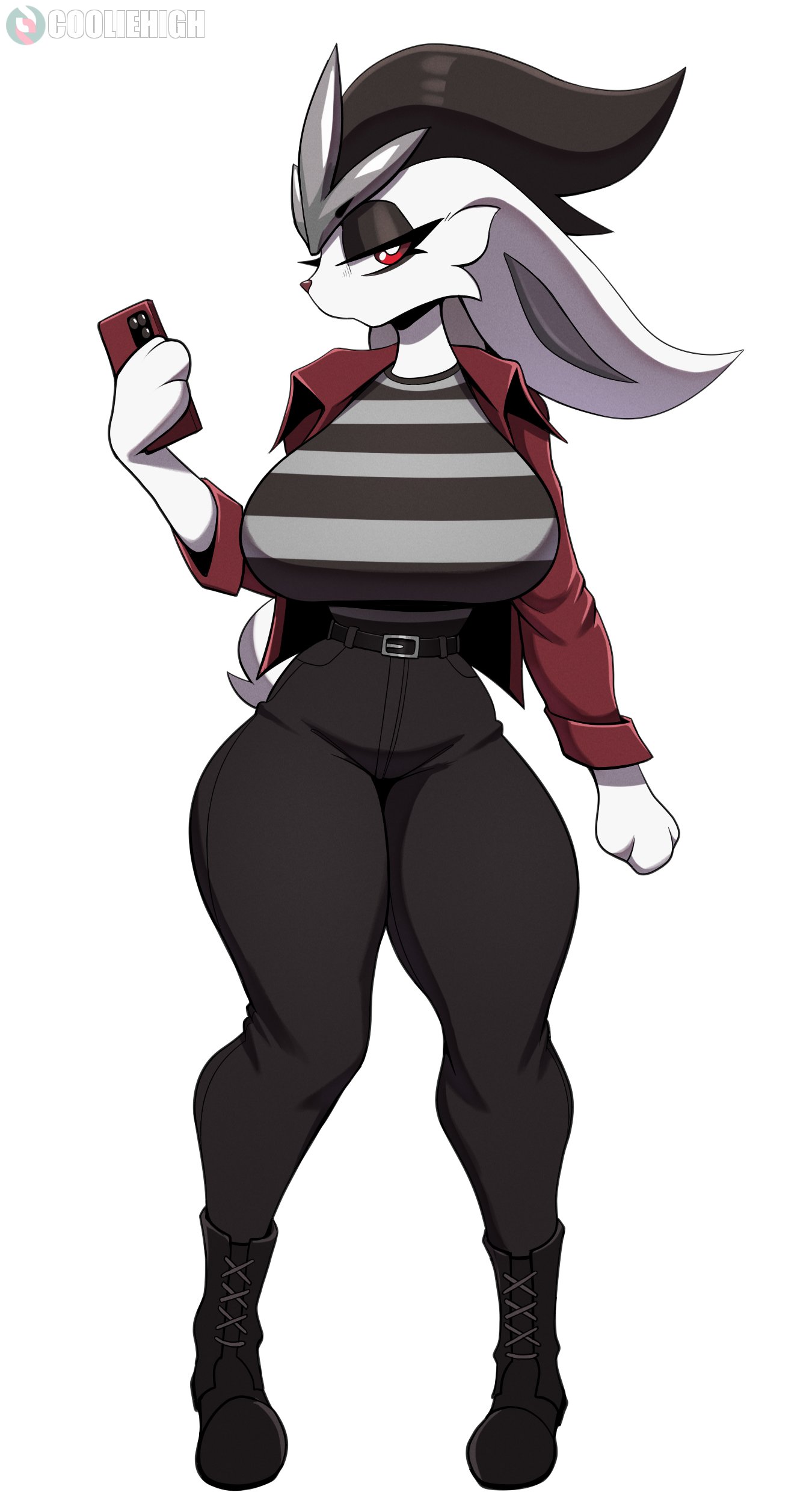 2023, 2d, anthro, artist name, black eyeshadow, black hair, black pants, boots, breasts, cellphone, cinderace, cooliehigh, digital media (artwork), eyelashes, female, female only, furry, furry female, furry only, goth, goth girl, jacket, looking at viewer, nintendo, pants, paws, pokémon (species), pokemon, pokemon (species), red eyes, scut tail, solo, solo female, standing, subscribestar logo, tagme, tail, white background, white pupils, white sclera