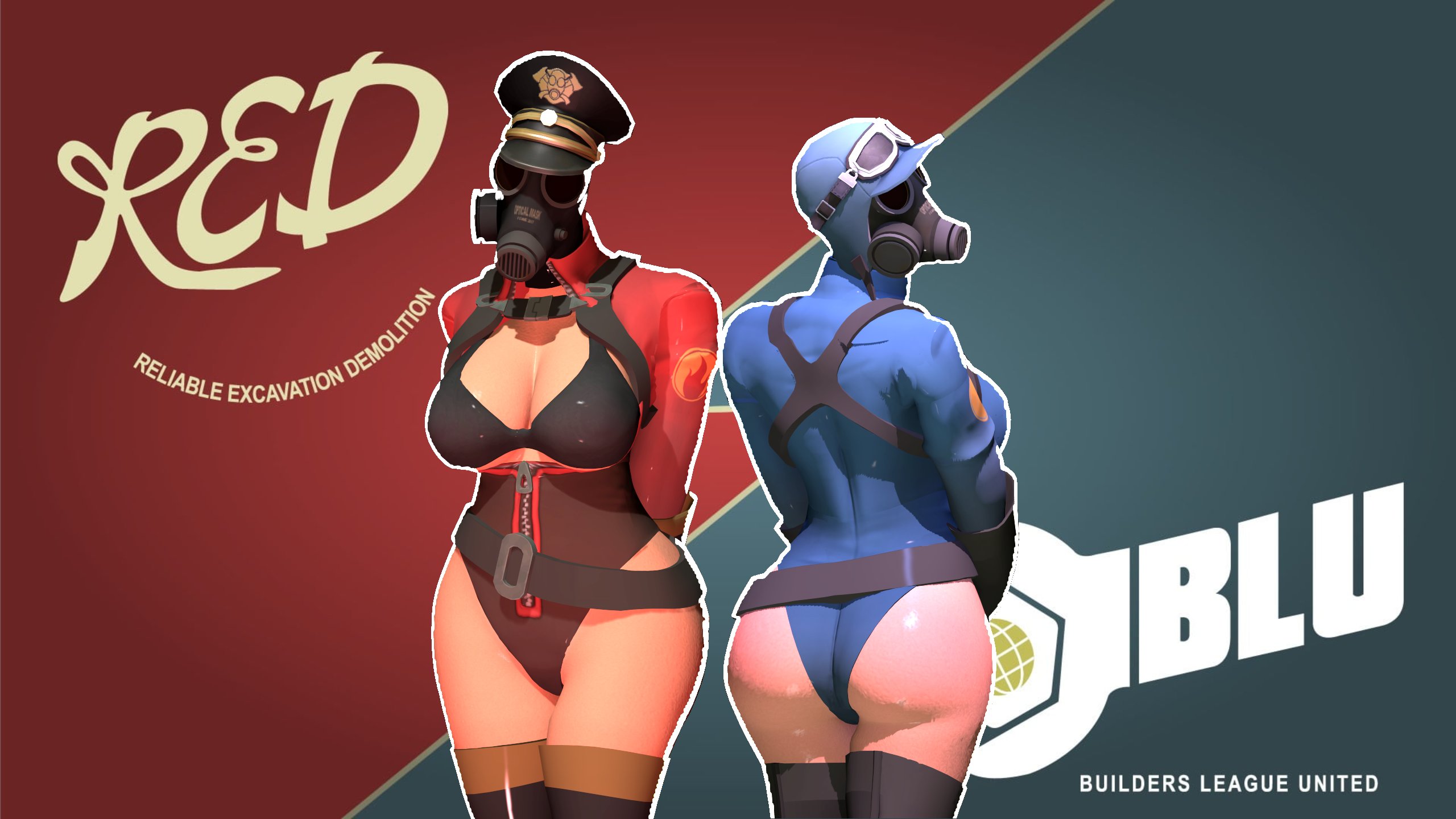 2023, 2girls, 3d, 3d (artwork), 5 fingers, ass, big ass, big breasts, big butt, black bra, black clothing, black latex, blue clothing, breasts, busty, cleavage, curvaceous, curves, curvy, curvy body, curvy female, curvy figure, curvy hips, female, female focus, female only, fempyro, gas mask, genderswap, genderswap (mtf), hi res, highres, hourglass figure, large breasts, large thighs, latex, latex gloves, latex legwear, latex suit, latex thighhighs, leotard, light skin, light-skinned female, looking at viewer, mask, masked, masked female, pinesmearo, police hat, pyro, red clothing, red latex, round ass, rule 63, slim, slim waist, team fortress 2, thick thighs, thighs, unicorn horn, unzipped, unzipped bodysuit, valve, voluptuous, yuri