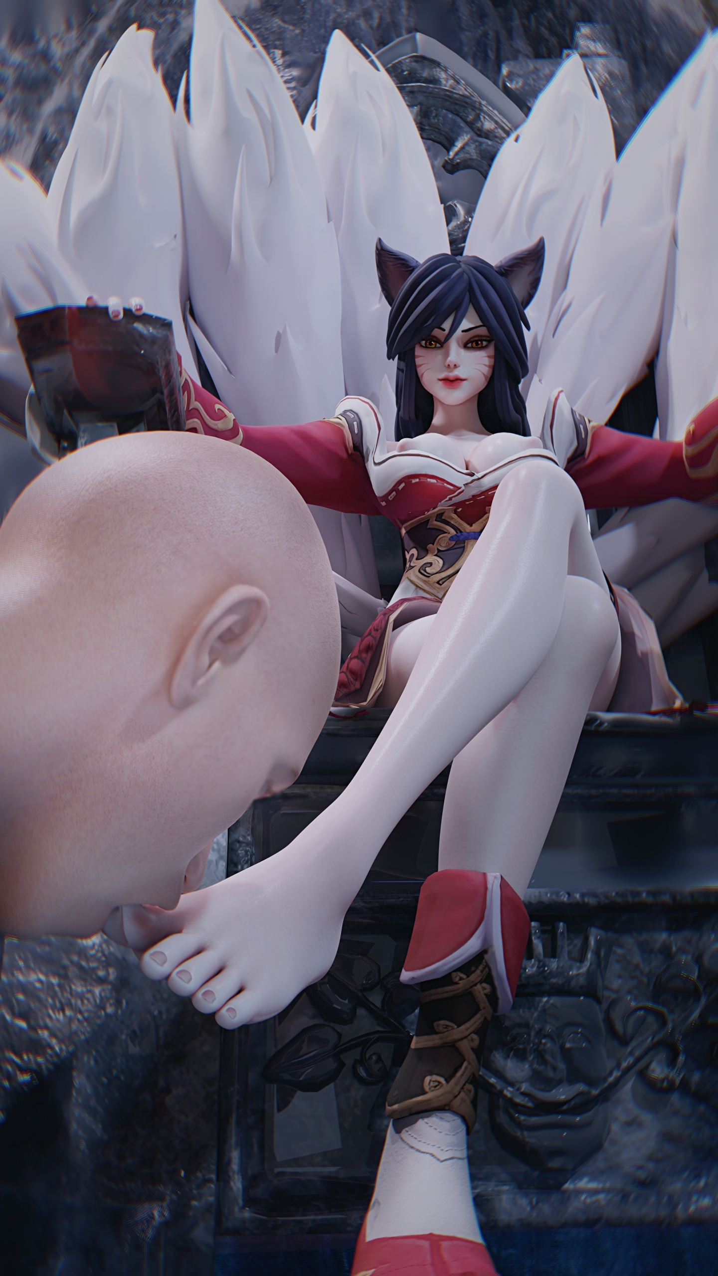 3d, 3d (artwork), ahri, animal ear fluff, animal ears, animal girl, areolae, big breasts, black hair, breasts, busty, cleavage, clothing, curvaceous, curves, curvy, curvy body, curvy figure, curvy hips, eyelashes, eyeliner, eyeshadow, facial markings, feet licking, female, fluffy, fluffy ears, fluffy tail, fluffy tails, fox, fox ears, fox girl, fox tail, furry tail, haadxee, hourglass figure, humanoid, inner ear fluff, kemonomimi, kitsune, league of legends, light skin, light-skinned female, lips, lipstick, long hair, multi tail, nine tailed fox, nipples, pale skin, pale-skinned female, riot games, tail, vastaya, video games, yellow eyes