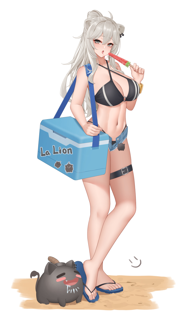 1girls 2023 2d animal animal_ears bare_shoulders bikini black_bikini blue_shorts breasts cleavage fan_mascot_(vtuber) feet female flip-flops food fruit full_body grey_eyes grey_hair highres hololive hololive_gen_5 hololive_japan large_breasts legs light-skinned_female light_skin lion_ears lion_girl long_hair looking_at_viewer micro_shorts navel open_mouth pale-skinned_female pale_skin ponytail sandals shishiro_botan shorts ssrb ssrb_(shishiro_botan) standing stomach swimsuit thigh_strap thighs toenails toes virtual_youtuber watermark watermelon watermelon_slice wei_xiao white_background