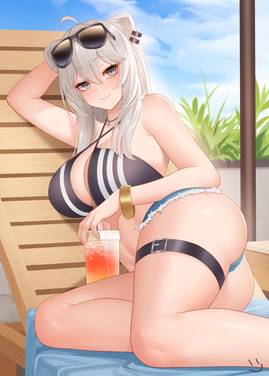 1girls 2023 2d ahoge animal_ears arm_up ass beach_chair bikini bikini_top_only blue_sky breasts closed_mouth cloud cup day denim denim_shorts drink eyewear_on_head female gold_bracelet grey_eyes highres holding holding_cup holding_drink hololive hololive_gen_5 hololive_japan jean_shorts jewelry large_breasts light-skinned_female light_skin lion_ears lion_girl long_hair lying on_side outdoors pale-skinned_female pale_skin pendant shishiro_botan short_shorts shorts sideboob sky smile solo sunglasses swimsuit thigh_strap thighs virtual_youtuber watermark wei_xiao white_hair