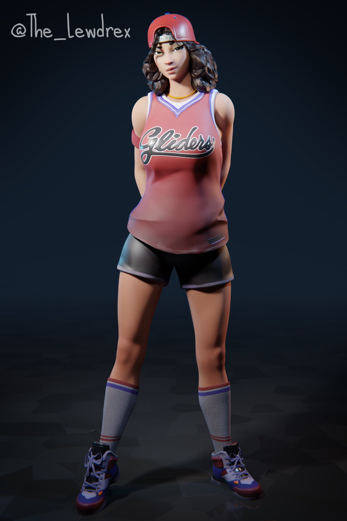 1girls 3d alternate_version_available arms_behind_back athletic athletic_female baseball_cap blender brown_hair cap clothed clothing epic_games female female_focus female_only fortnite headwear highres jewelry lewdrex light-skinned_female light_skin long_socks looking_at_viewer necklace pose posing presenting shirt shoes shorts simple_background sneakers socks solo solo_focus standing tank_top triple_threat watermark