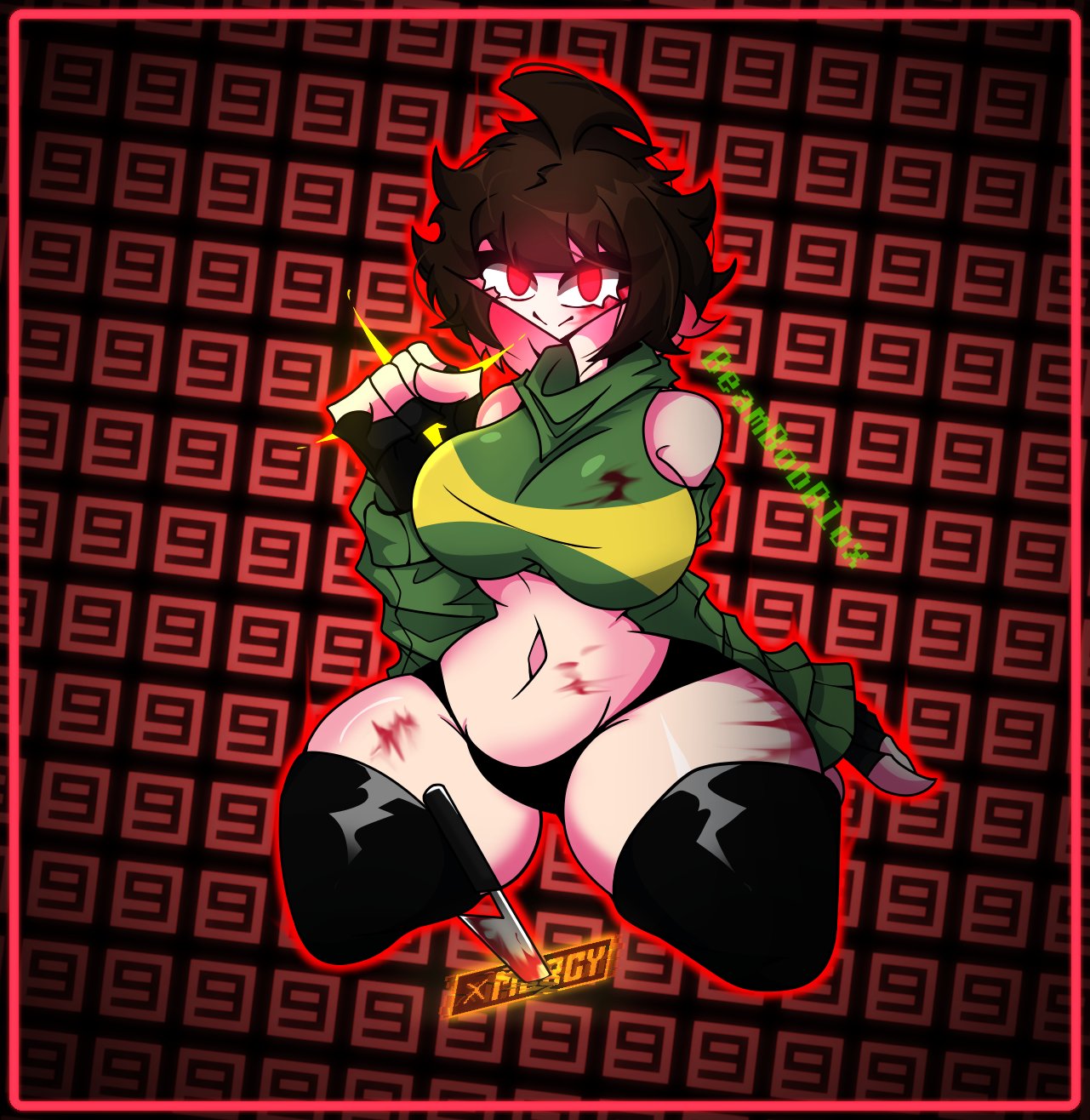 1girls beambobblox brown_hair chara female female_only red_eyes thick_thighs twitter undertale undertale_(series)