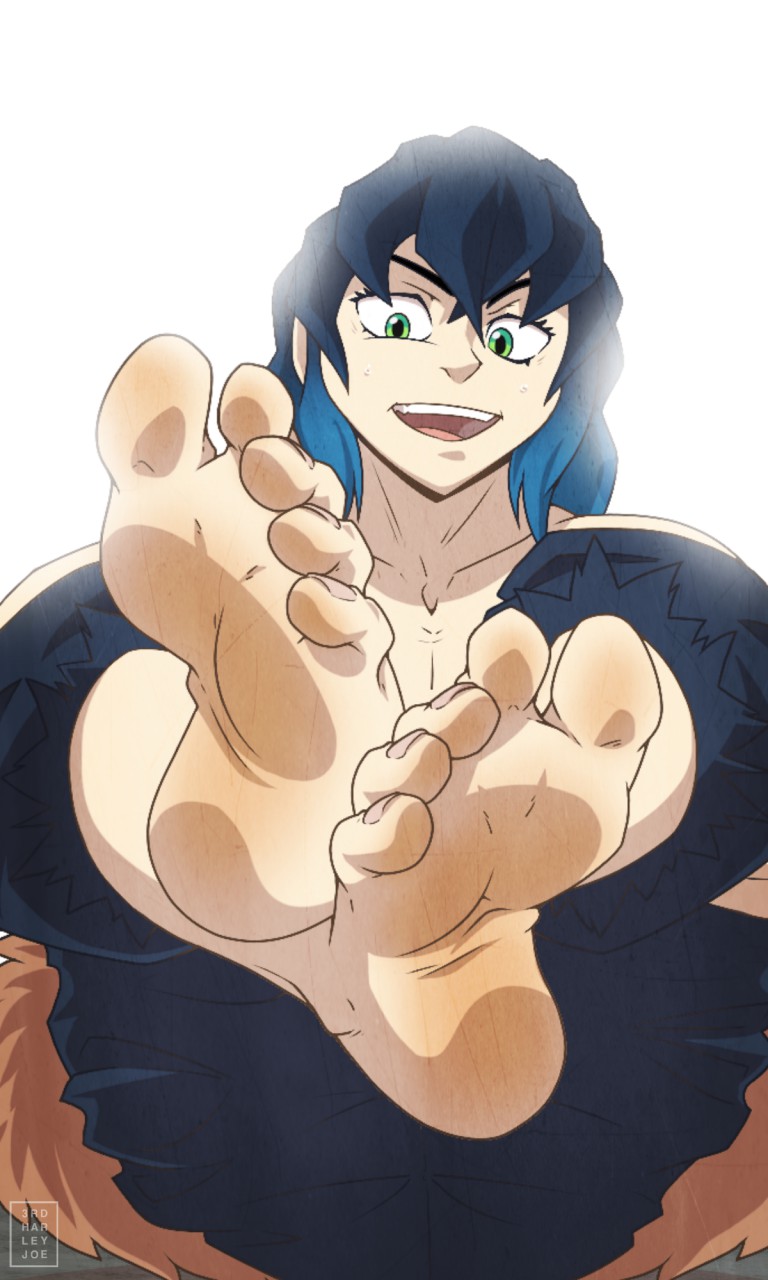 1boy 3rdharleyjoe barefoot blue_hair demon_slayer feet foot_fetish inosuke_hashibira kimetsu_no_yaiba male male_only solo solo_male