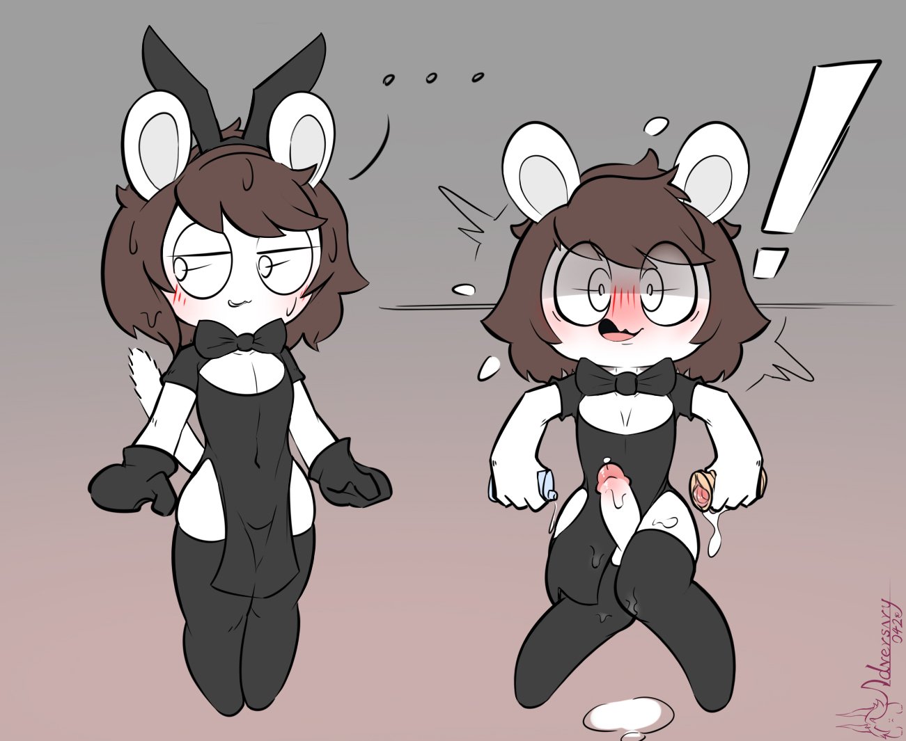 !, ..., 1boy, anthro, black bowtie, black bunny ears, black dress, black gloves, blush, bowtie, brown hair, bunny ear, chinchilla, clothing, cum, cum on ground, dress, femboy, fur, furry, furry only, girly, male, male only, original, original character, penis, sex toy, solo, tail, tony (tonytoran), white body