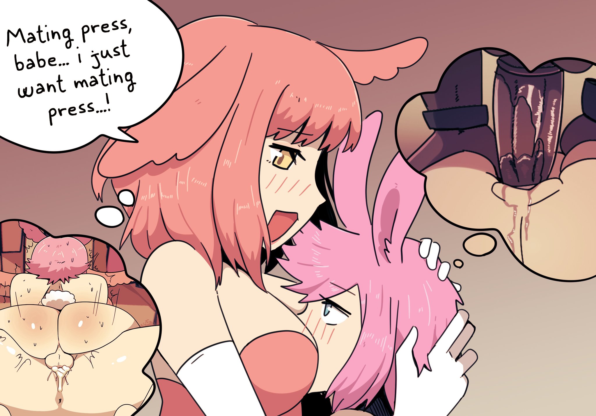 1boy, 1girls, anal, anal sex, anus, arm gloves, ass, balls, blue eyes, blush, breasts, bunny boy, bunny ears, bunny girl, bunny tail, cheating, cum, cum in pussy, cum inside, dark skin, dark-skinned male, deepthroat, dialogue, english text, face to breasts, female, hasselnut, head grab, hi res, light skin, light-skinned female, light-skinned male, male, mating press, netorare, ntr, pink hair, pussy, red hair, sex, smiling, speech bubble, sunny (wolfgang bang), thought bubble, tommy (wolfgang bang), wolfgang bang, yellow eyes