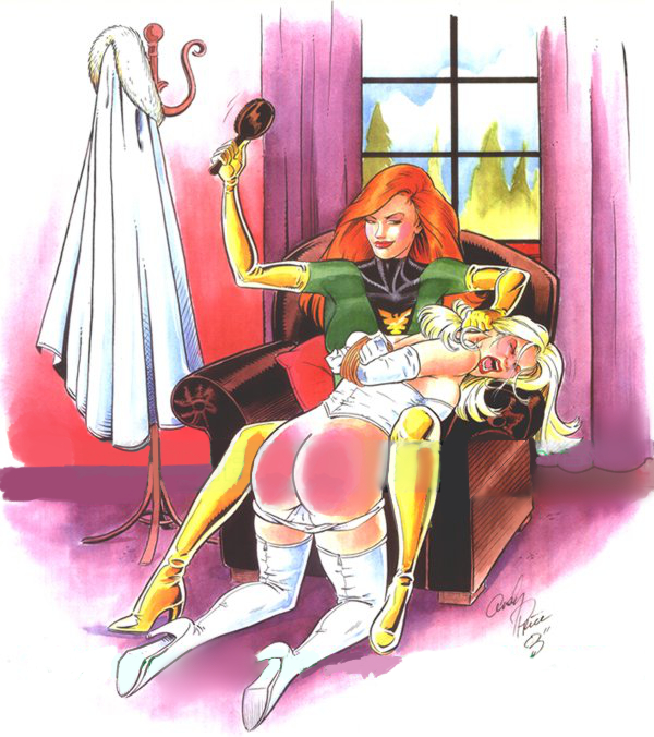 2girls andy_price ass ass_focus blonde_hair bubble_ass bubble_butt corset dat_ass emma_frost female female_only hellfire_club high_heels jean_grey marvel marvel_comics multiple_girls panties_around_leg panties_down phoenix_(x-men) red_ass red_hair spandex spanked spanked_butt spanking spanking_marks thighhighs watermark_removed white_queen x-men