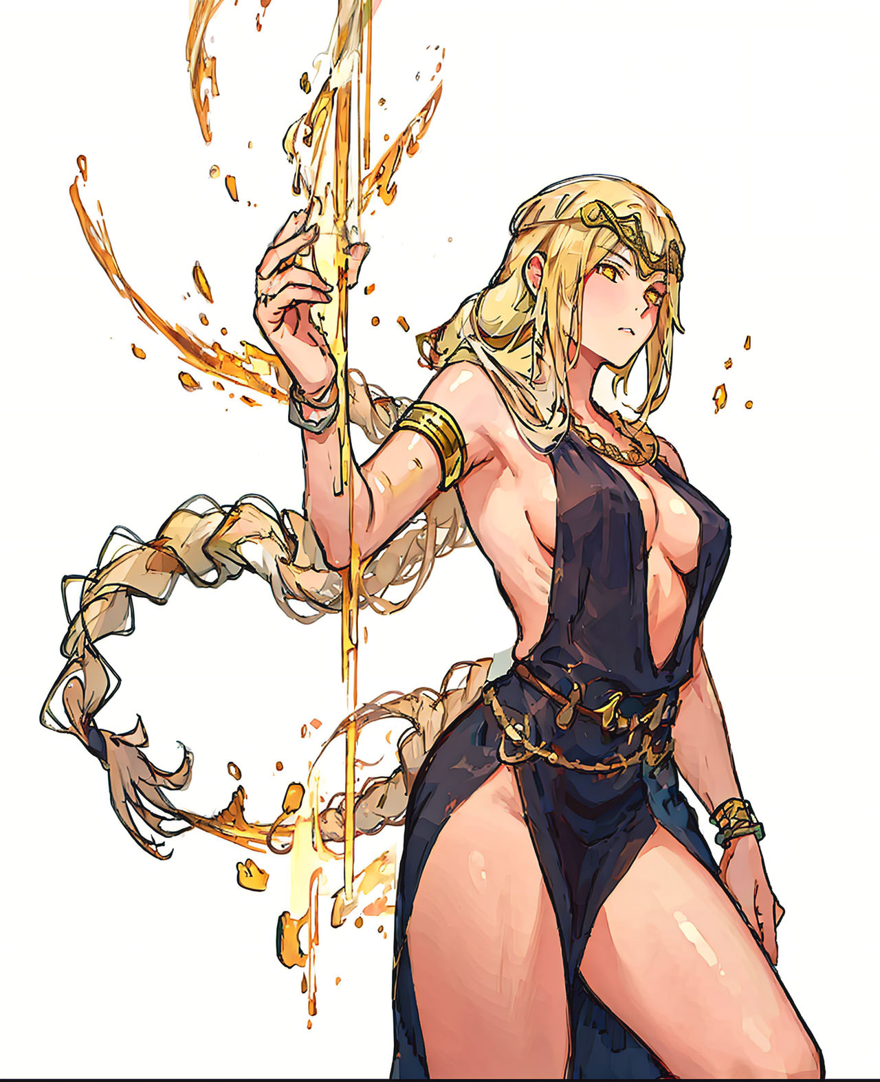ai generated, blonde hair, breasts, cleavage, dress, elden ring, female, female only, fromsoftware, goddess, high slit dress, kakeranoumi, milf, queen marika the eternal, sideboob, thick thighs