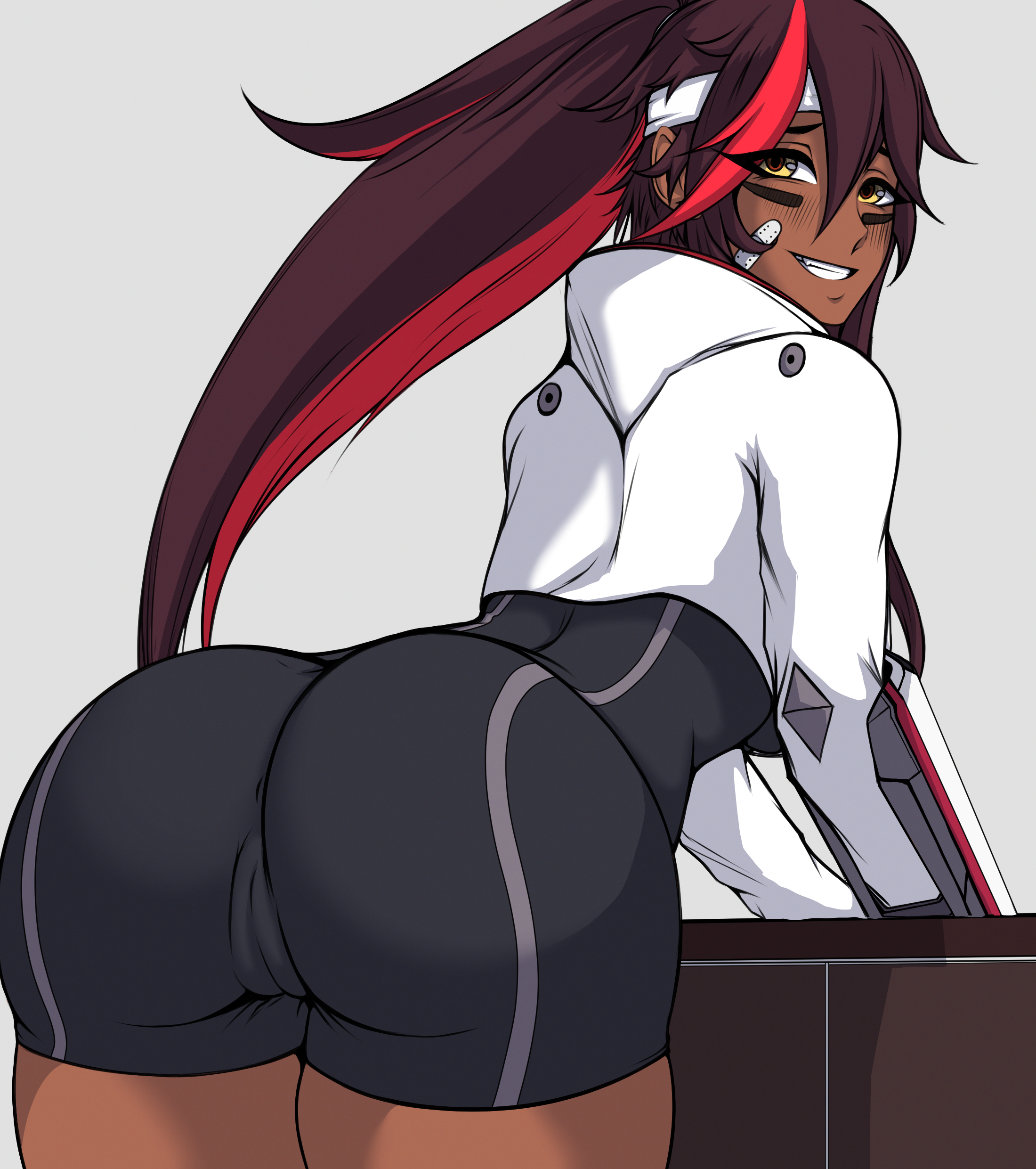 1girls, ass, clothed, female, juliette (omega strikers), looking at viewer, omega strikers, tagme