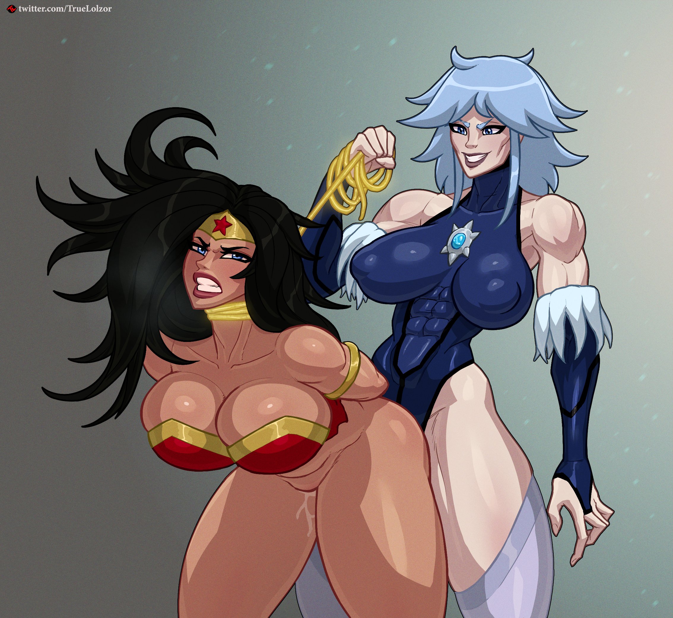 2girls, abs, alternate version available, angry, angry expression, armpit, ass, athletic, athletic female, batman: assault on arkham, big breasts, black hair, blue eyes, blue hair, blue leotard, bondage, bottomless, breasts, cleavage, clenched teeth, clothed, dc, dc comics, diana prince, domination, duo, duo female, female, female only, femsub, firestorm (series), fit, fit female, fur trim, hands behind back, hourglass figure, huge breasts, implied futa, killer frost, killer frost (arkham), large breasts, lasso, lasso of truth, leotard, light blue hair, light skin, light-skinned female, long hair, louise lincoln, medium hair, multiple females, multiple girls, muscles, muscular, muscular female, nipple bulge, pussy, pussy juice, rope around neck, rope bondage, smile, smiling, tan skin, tan-skinned female, thick thighs, tiara, tied arms, truelolzor, wonder woman, wonder woman (series)