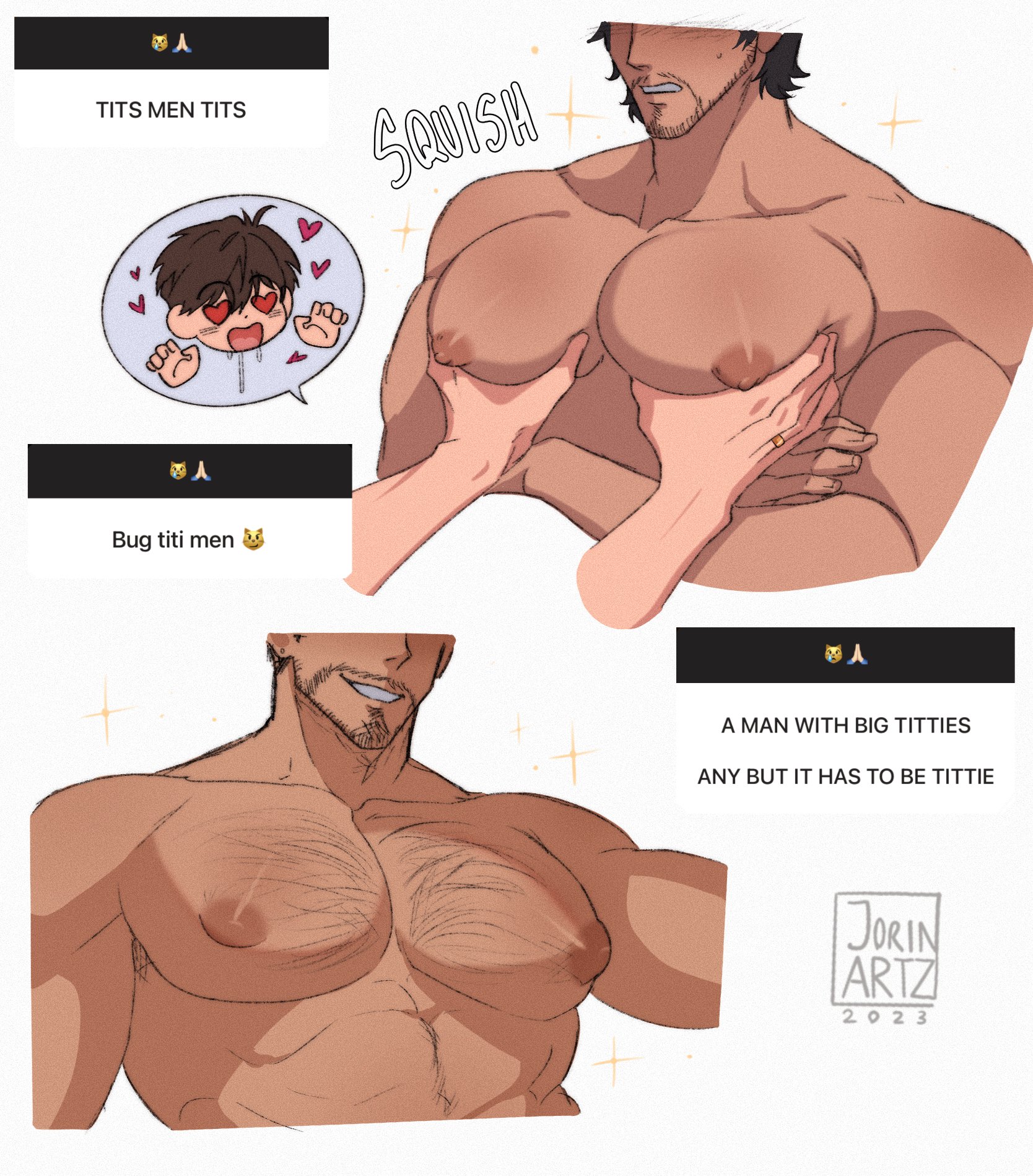 arms crossed, bara, d1rtyj0rin, gay, hairy chest, hairy pecs, male, male only, nipples, pec grasp, pec squeeze, pecs, pecs touching, puffy nipples, yaoi