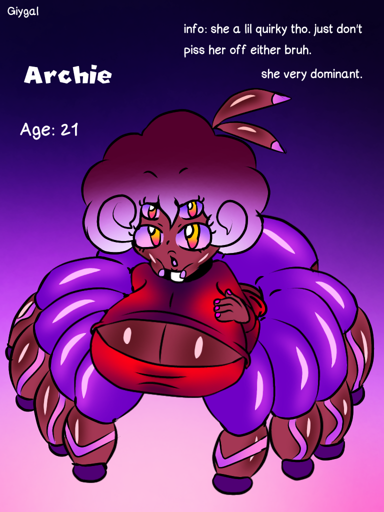 4_eyes 8_legs archie_(giygal) breasts bug giygal multi_eye multi_leg multi_limb opened_mouth spider