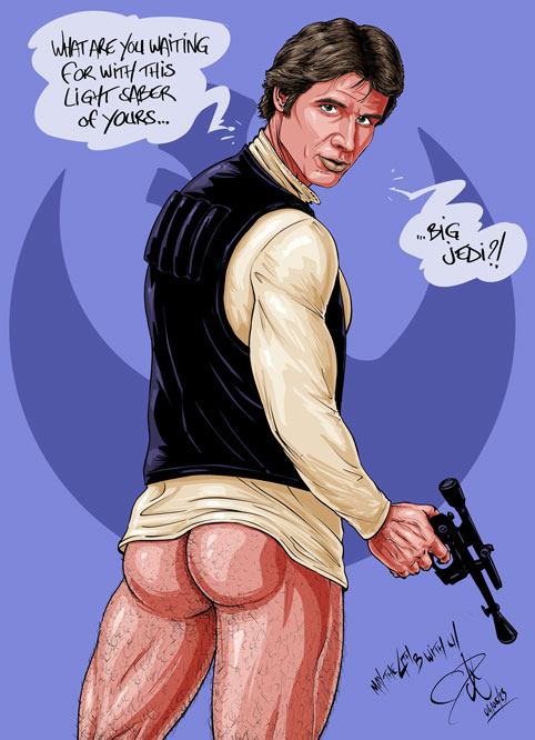 actor art_of_clx ass bottomless butt caucasian caucasian_male celebrity dialogue english_text hairy hairy_ass han_solo harrison_ford in_character looking_at_viewer male male_only no_visible_genitalia star_wars thick_thighs